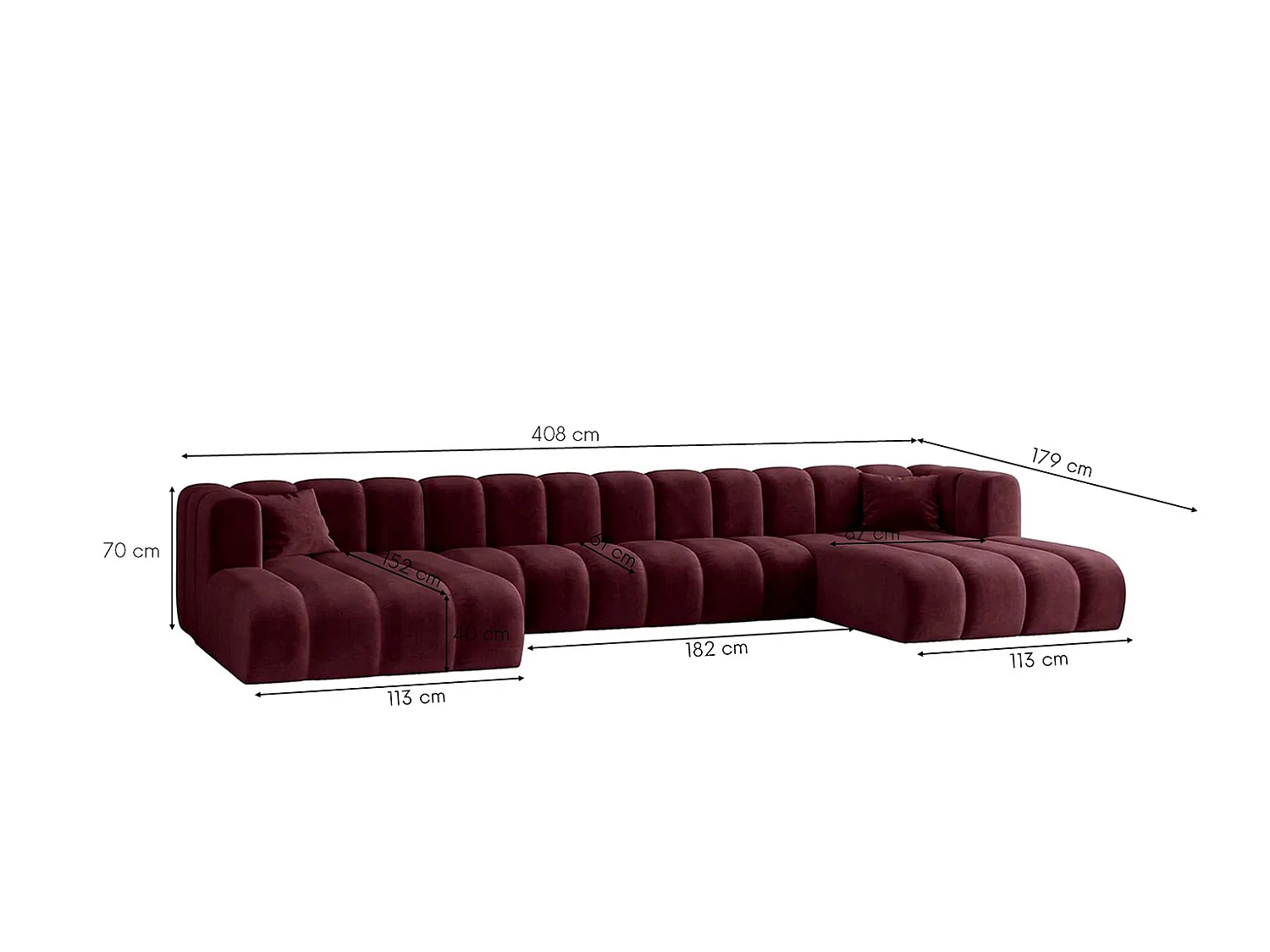 Modulaire hoekbank in U-vorm, fluwelen stof Riviera, Bordeaux, GRAND U XL