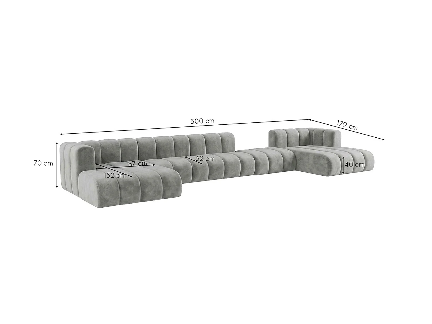 Canapé d’angle modulable en U avec pouf repositionnable, Gris, GRAND U BIG 500 cm