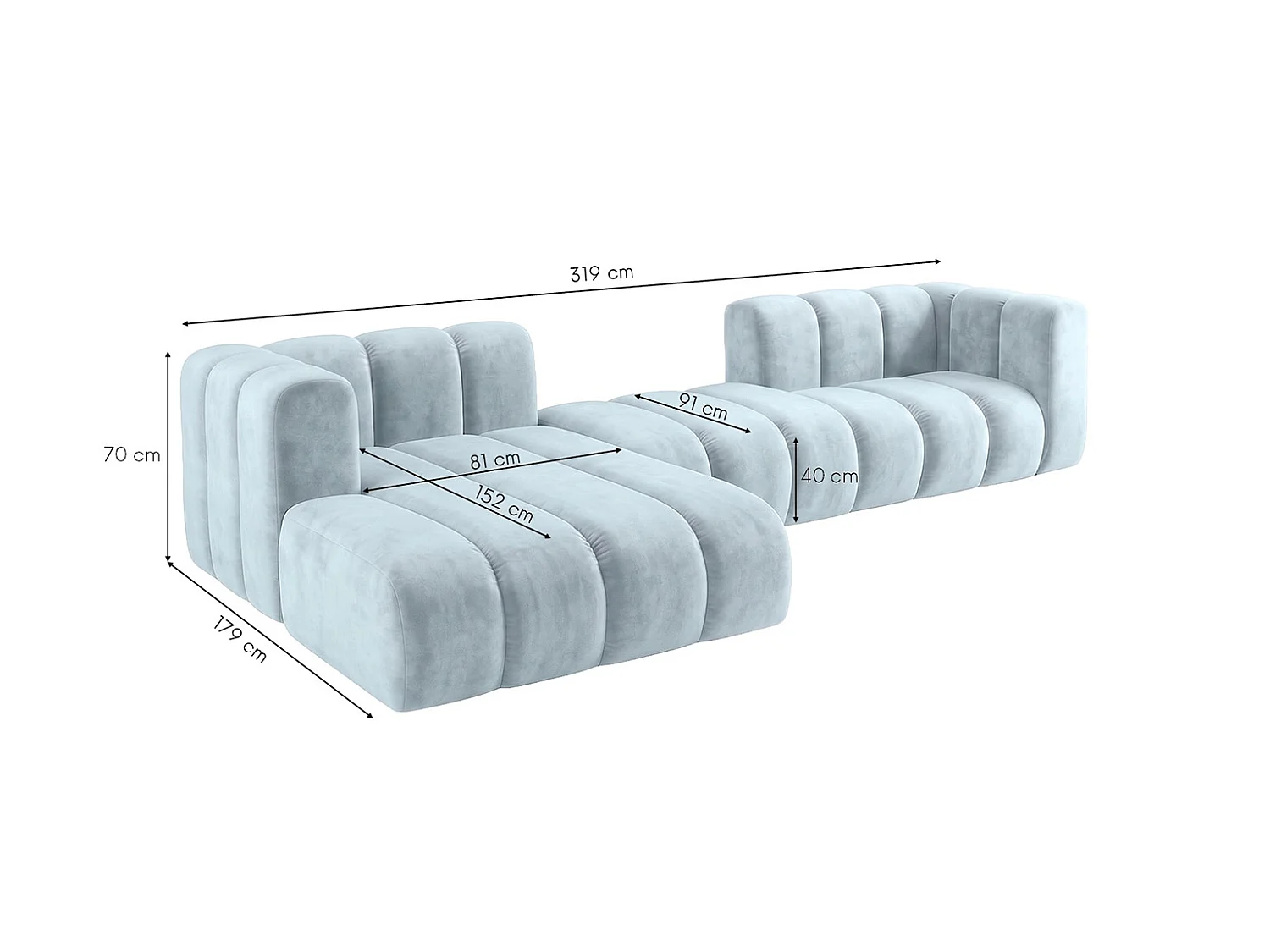 Narożnik modułowy w kształcie L, tkanina welwet Riviera, Baby blue, Lewy, GRAND 319 cm