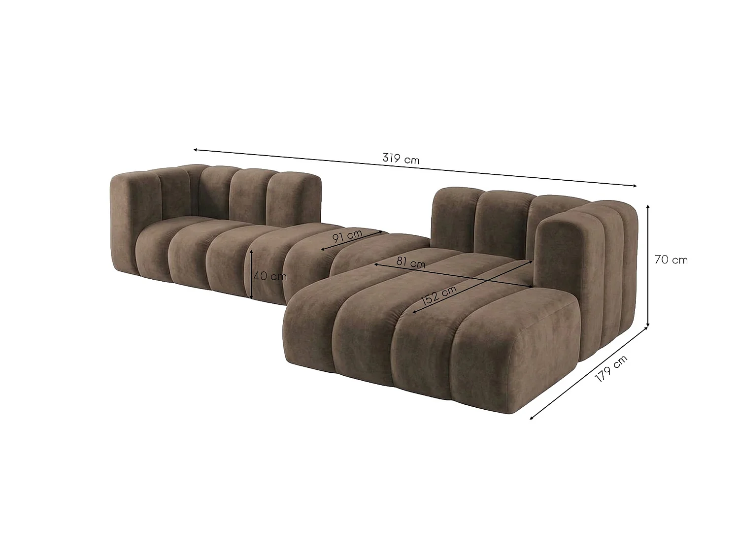 Modulares Ecksofa in L-Form, Velvet-Stoff Riviera, Braun, Rechts, GRAND 319 cm
