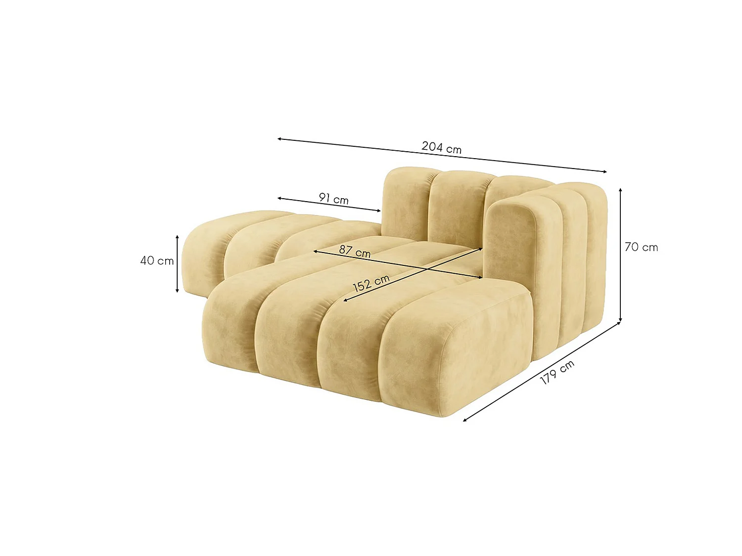 Méridienne modulable avec pouf, tissu velours Riviera, Beurre, droite, GRAND