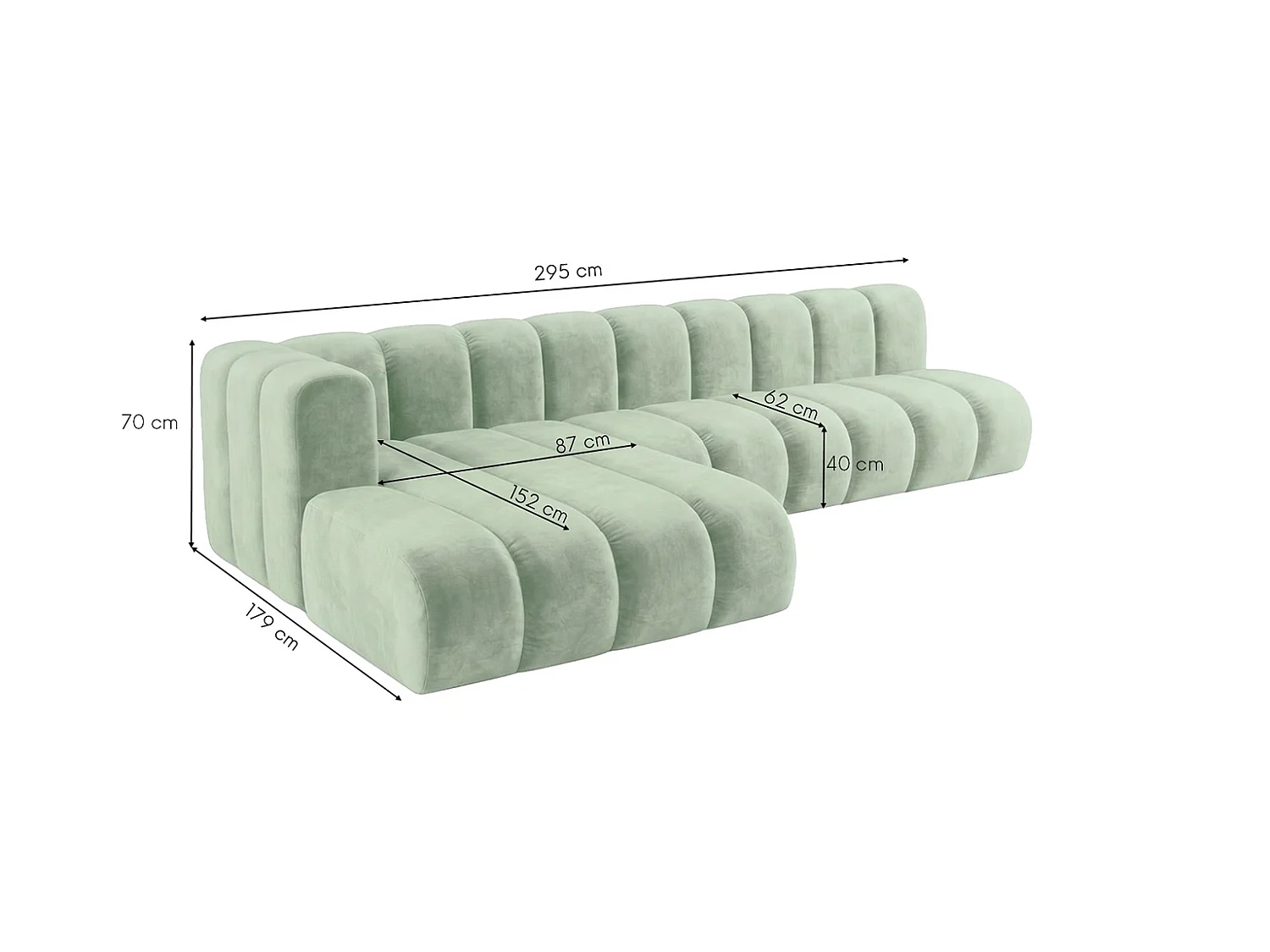 Modulaire hoekbank in L-vorm, fluwelen stof Riviera, Mintgroen, links, GRAND 295 cm