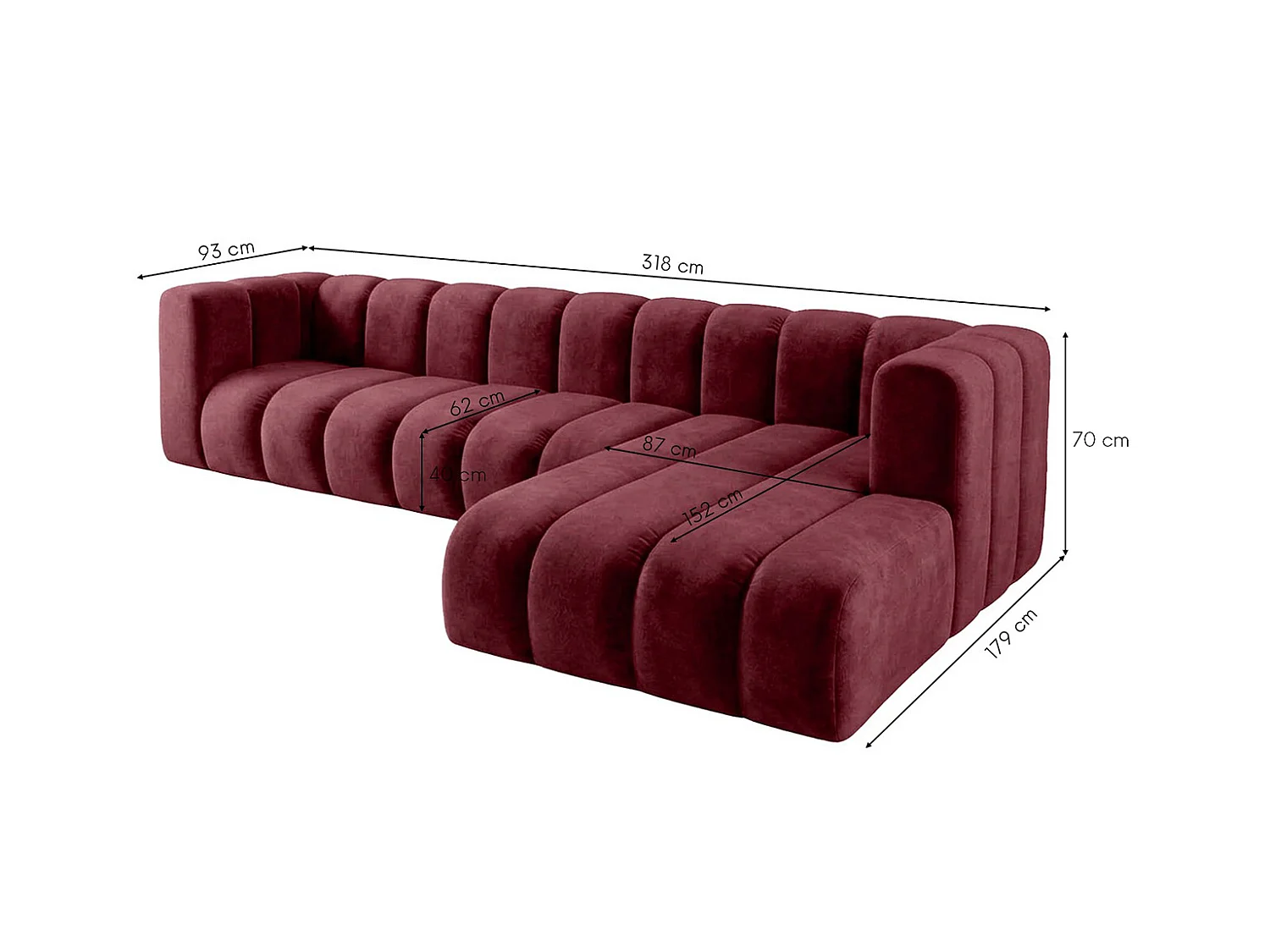 Modulaire hoekbank in L-vorm, fluwelen stof Riviera, Bordeaux, rechts, GRAND 318 cm