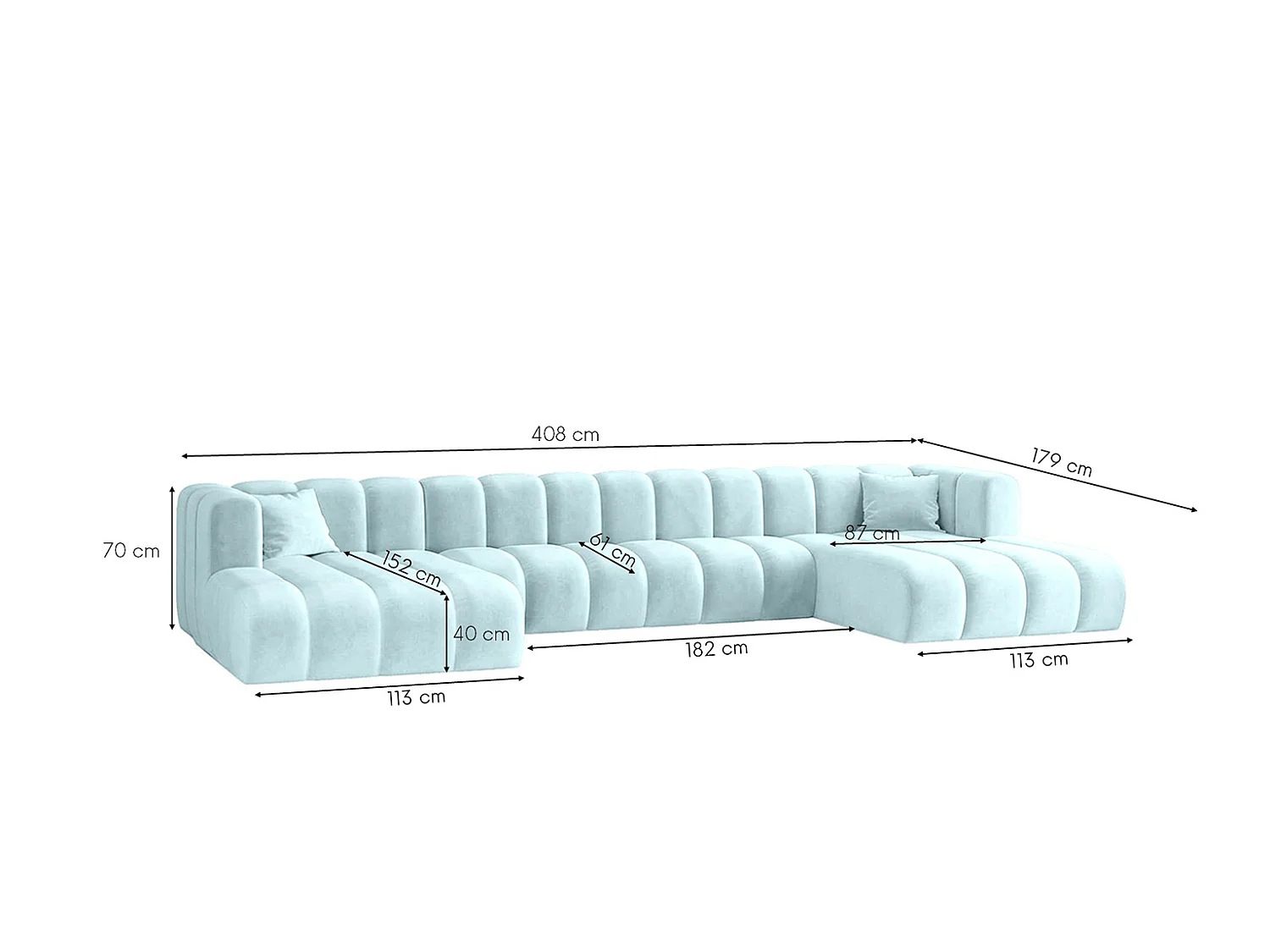 Narożnik modułowy w kształcie U, tkanina welwet Riviera, Baby blue, GRAND U XL