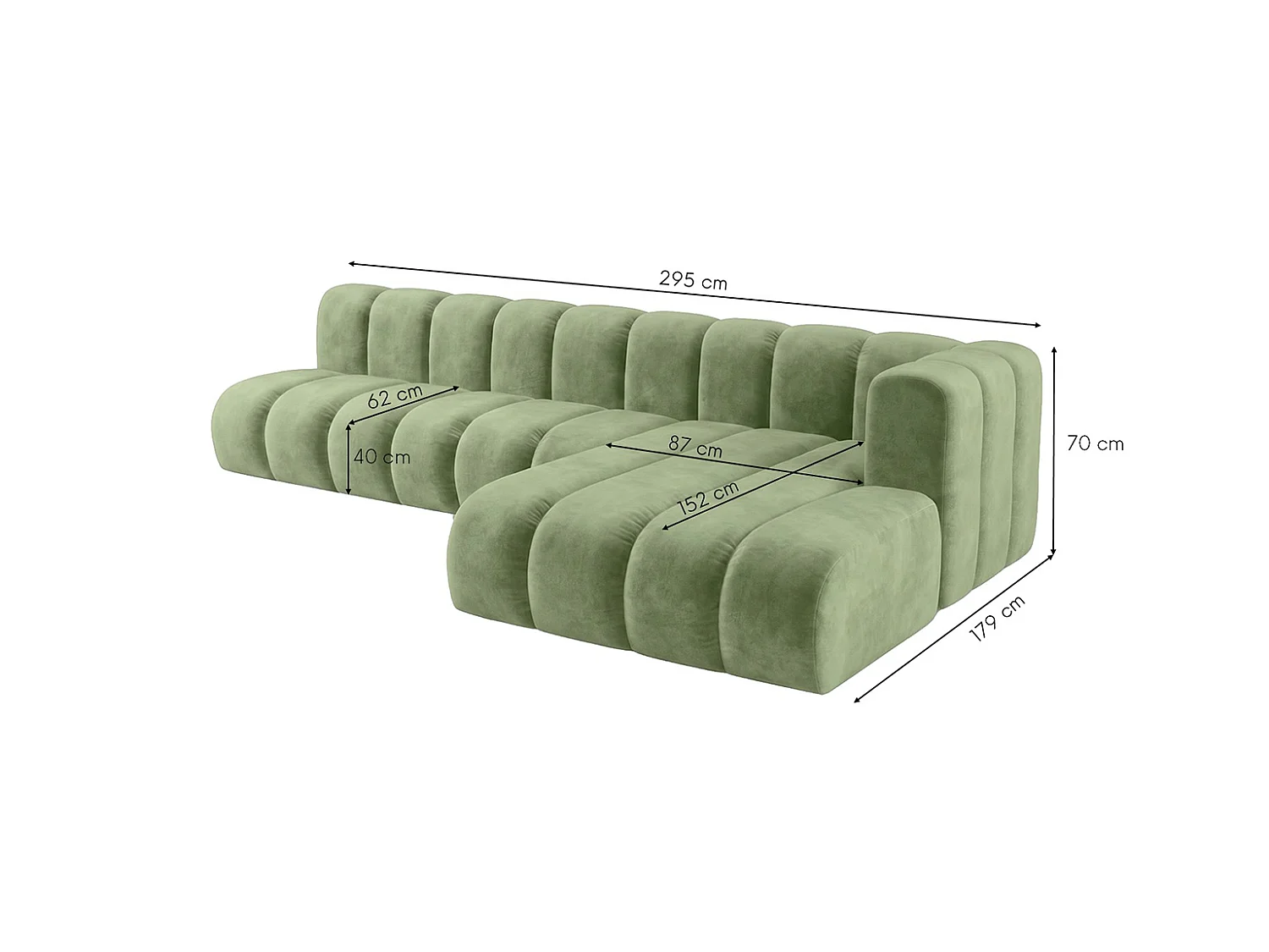 Canapé d’angle modulable en L, tissu velours Riviera, Olive, droite, GRAND 295 cm