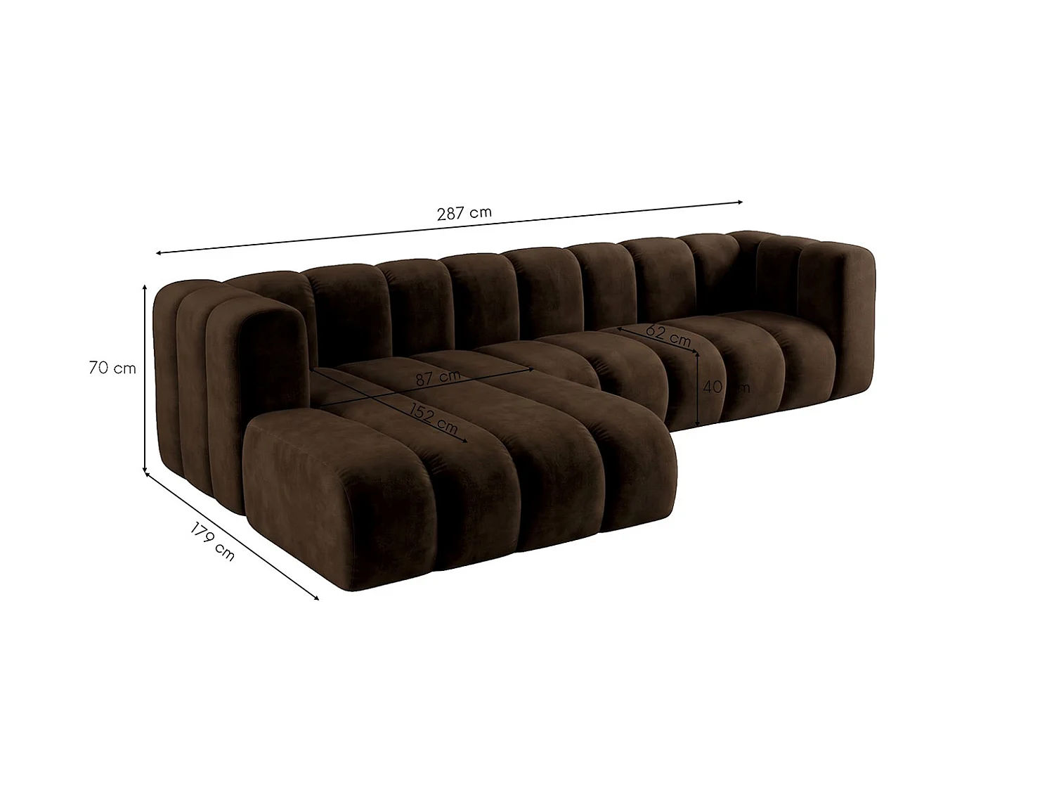 Modulares Ecksofa in L-Form, Velvet-Stoff Riviera, Schokolade, Links, GRAND 287 cm