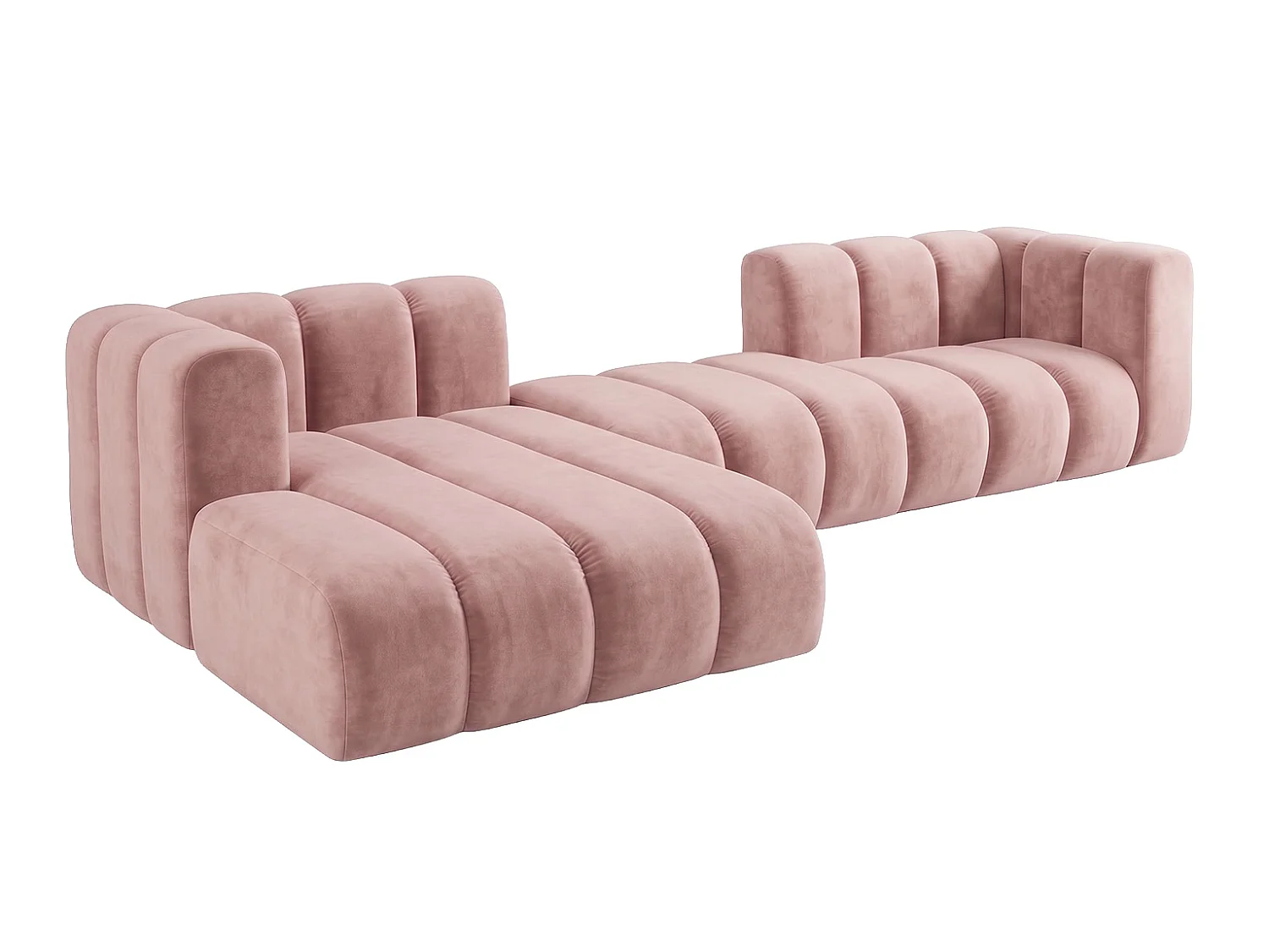 Canapé d’angle modulable en L, tissu velours Riviera, Rose clair, gauche, GRAND 319 cm