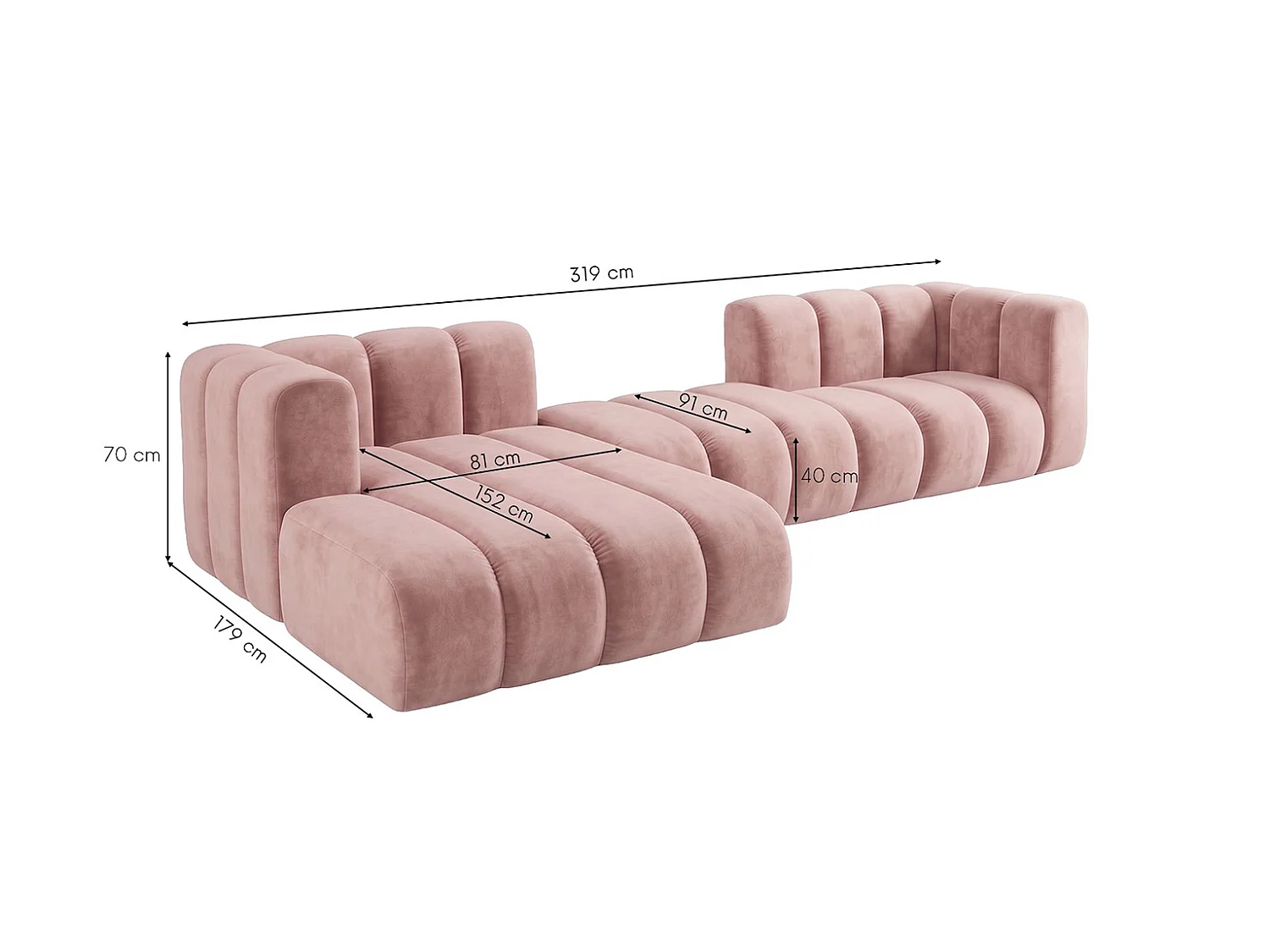 Canapé d’angle modulable en L, tissu velours Riviera, Rose clair, gauche, GRAND 319 cm