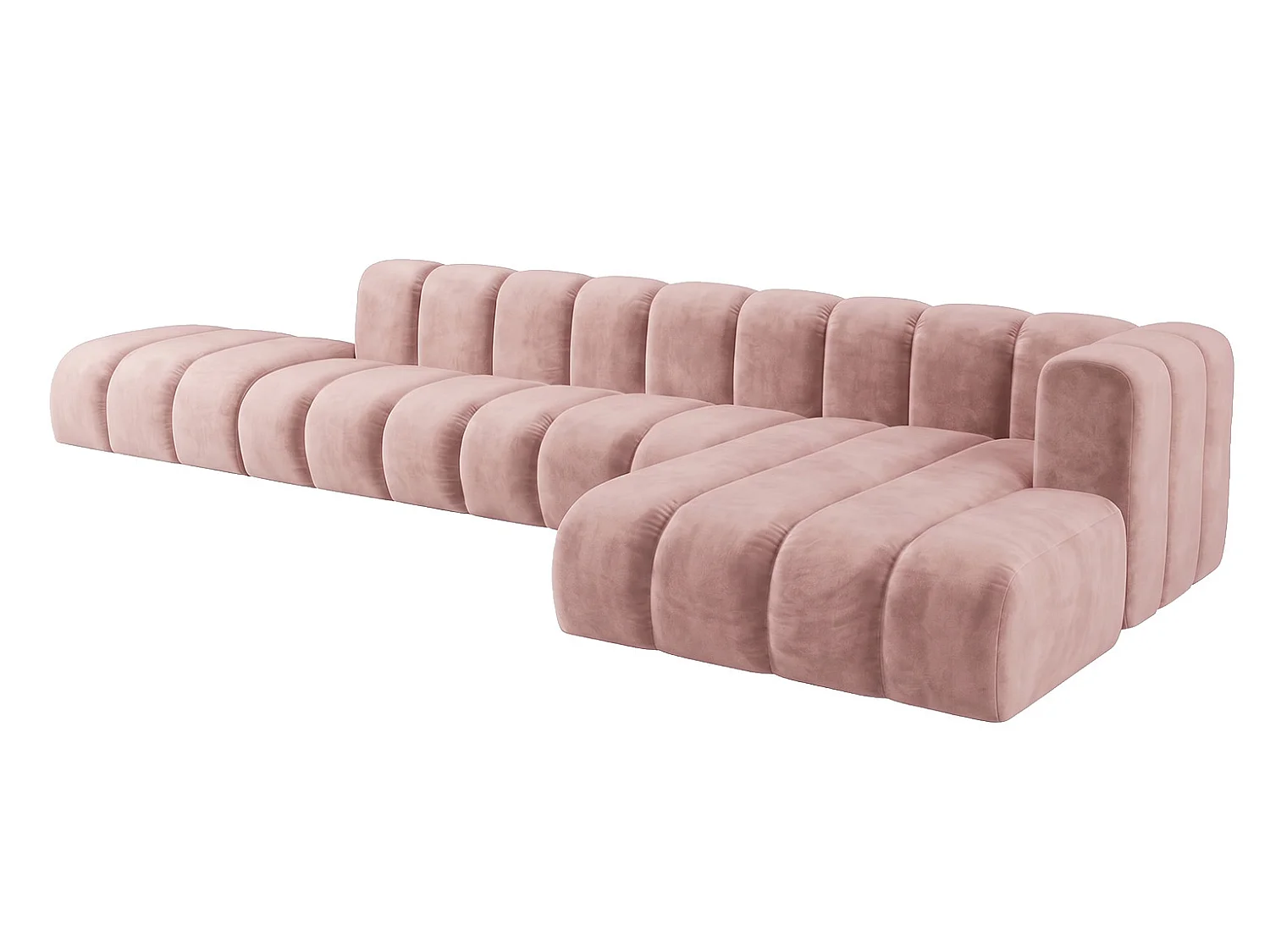 Canapé d’angle modulable en L avec pouf, tissu velours Riviera, Rose clair, droite, GRAND