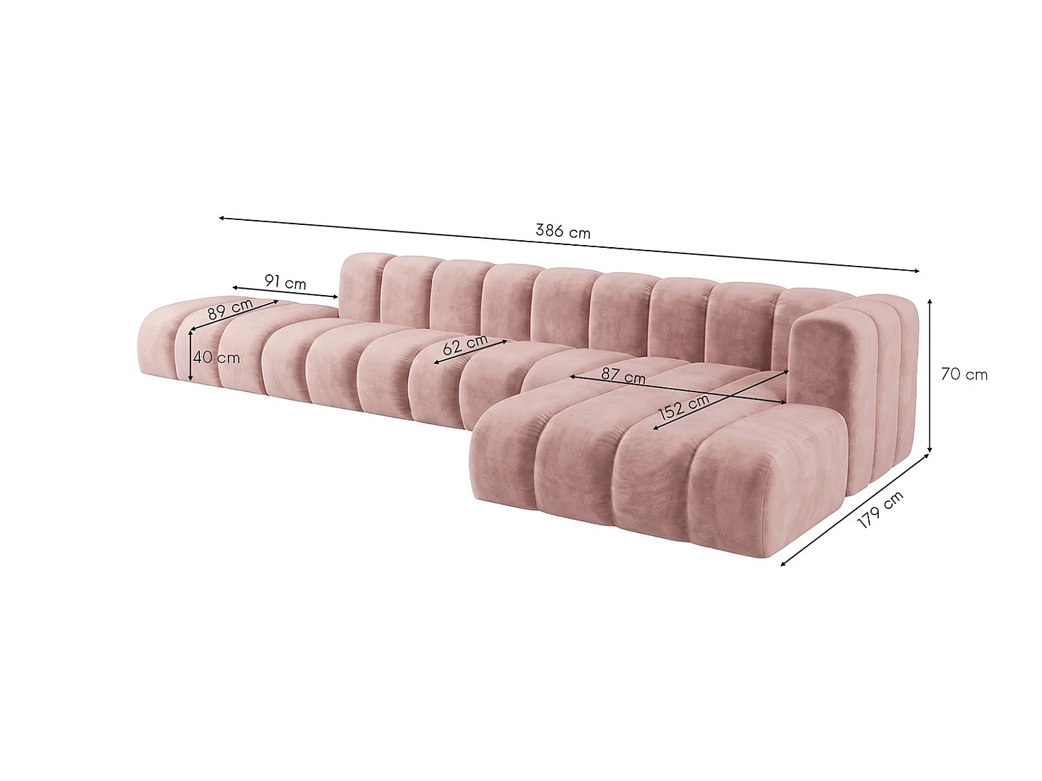 Canapé d’angle modulable en L avec pouf, tissu velours Riviera, Rose clair, droite, GRAND