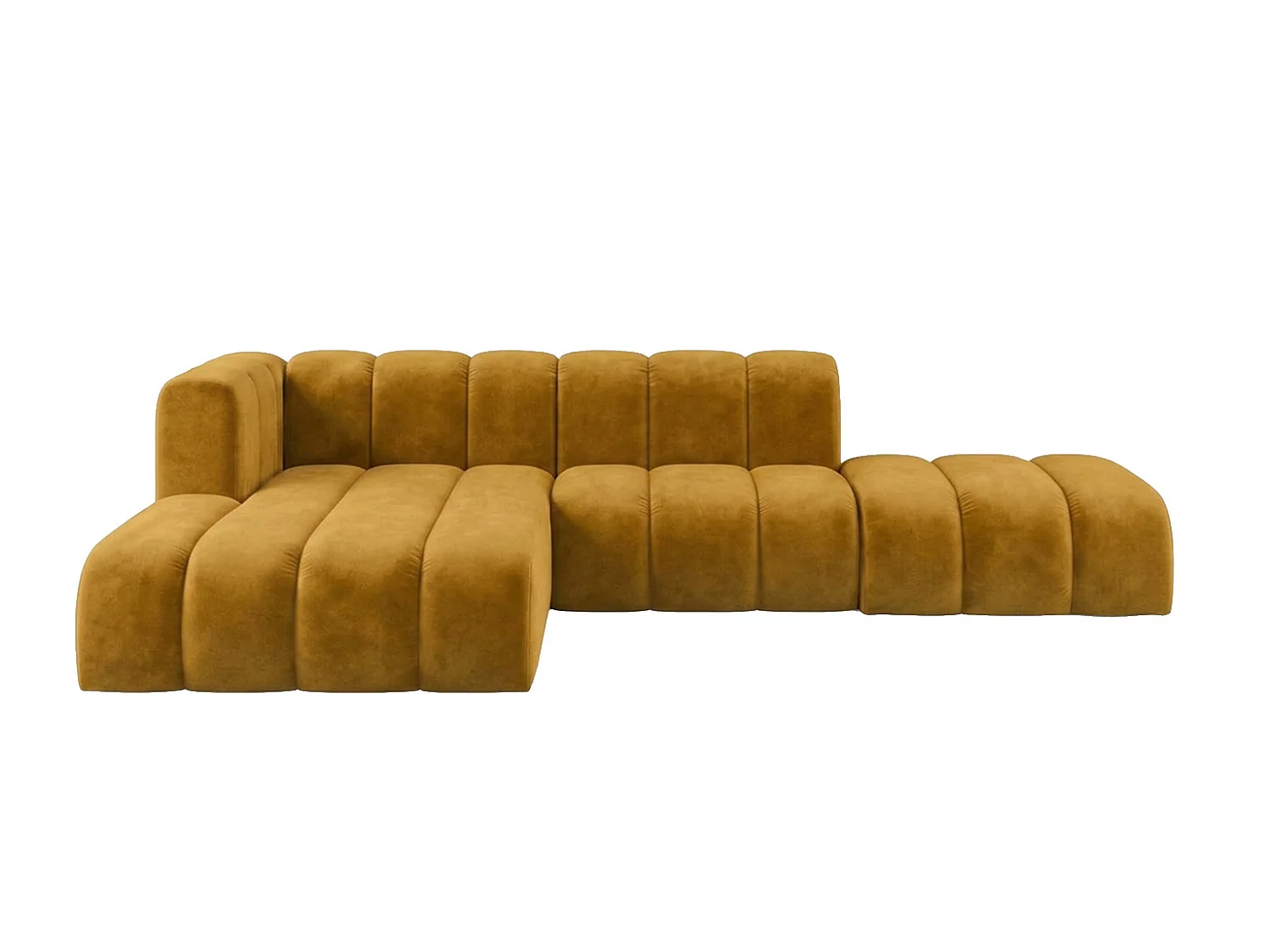 Canapé d’angle modulable en L avec pouf, tissu velours Riviera, Moutarde, gauche, GRAND Mini