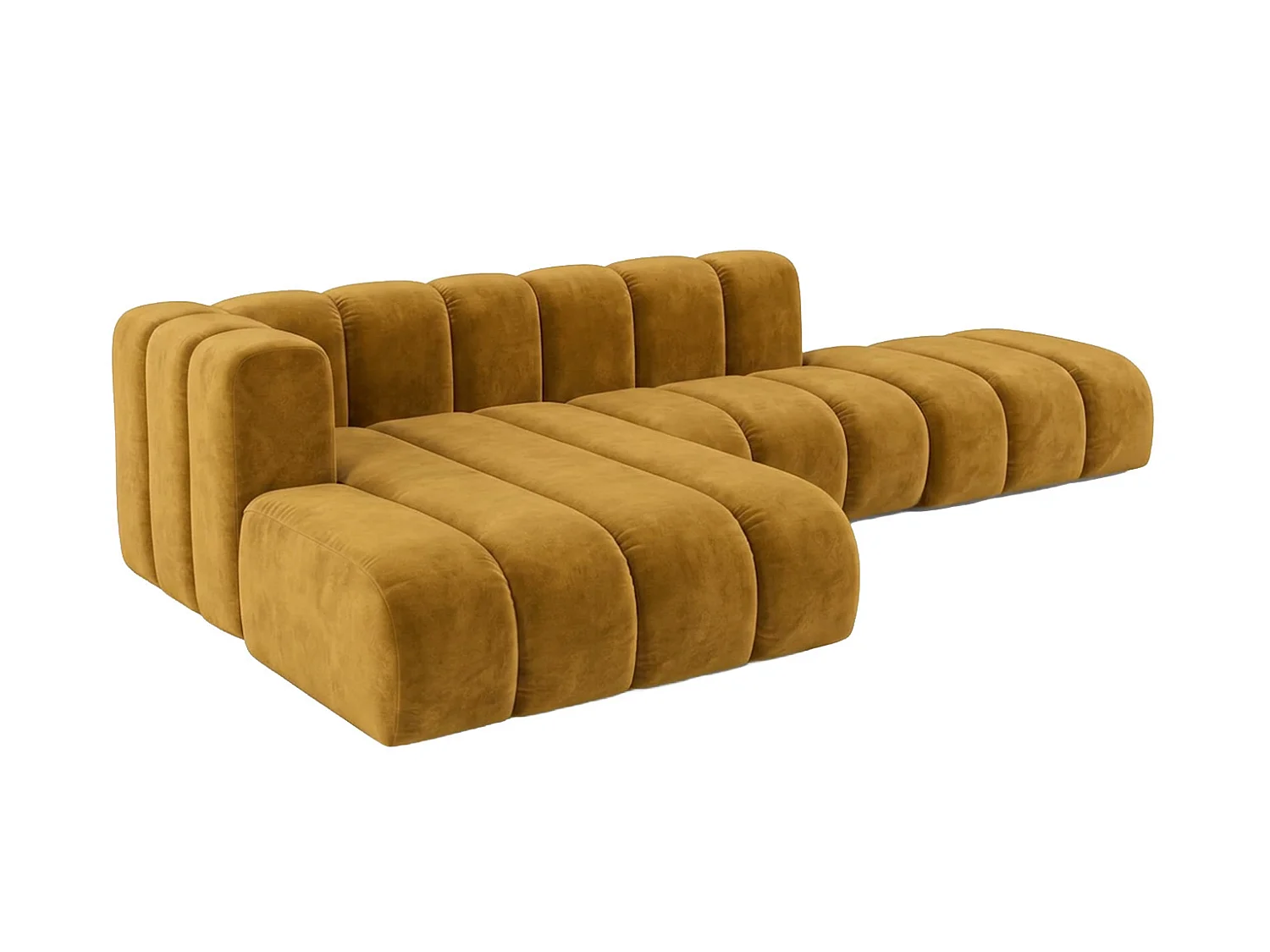 Canapé d’angle modulable en L avec pouf, tissu velours Riviera, Moutarde, gauche, GRAND Mini