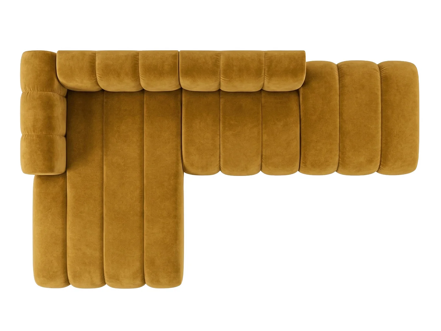 Canapé d’angle modulable en L avec pouf, tissu velours Riviera, Moutarde, gauche, GRAND Mini