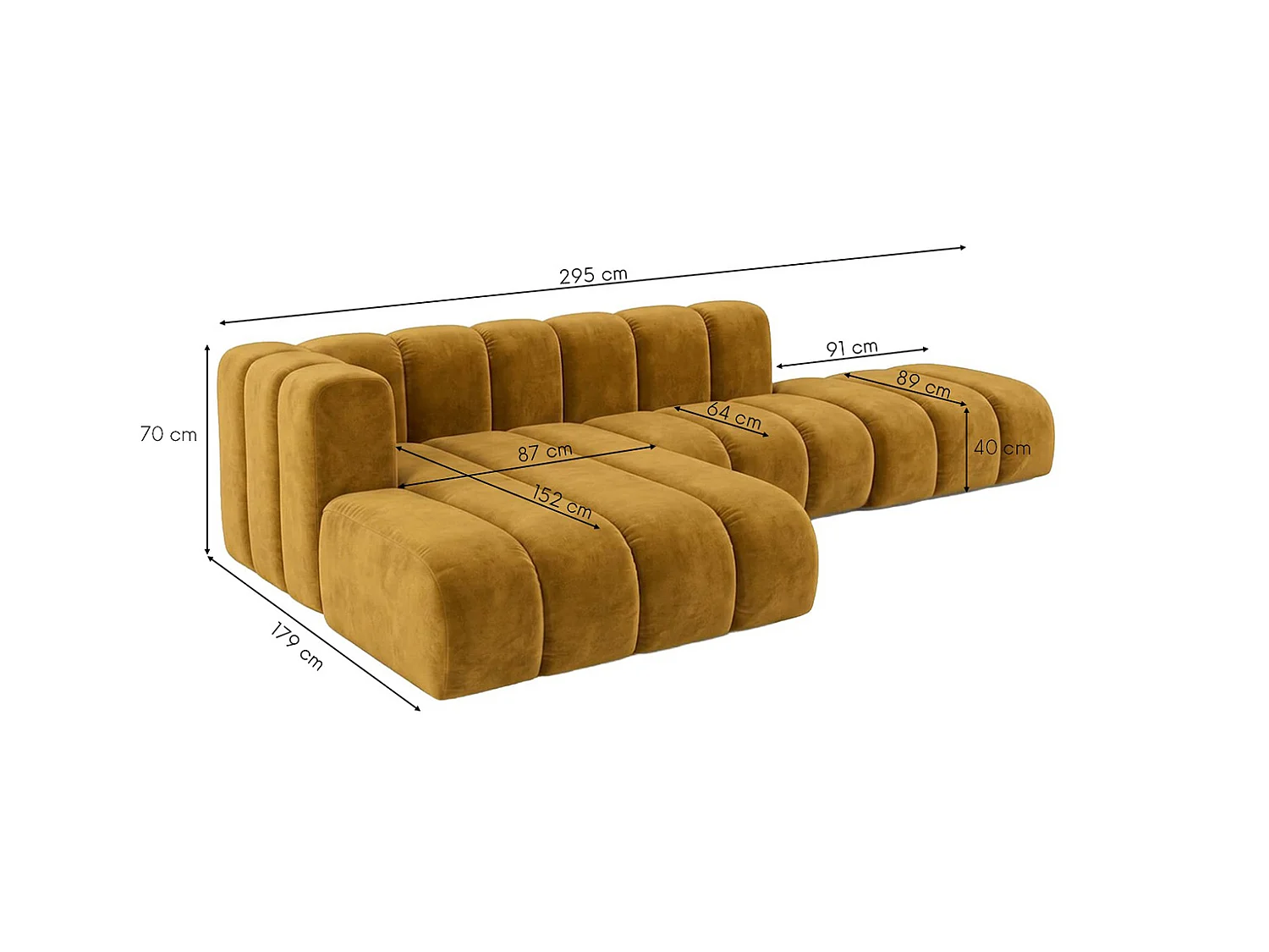 Canapé d’angle modulable en L avec pouf, tissu velours Riviera, Moutarde, gauche, GRAND Mini