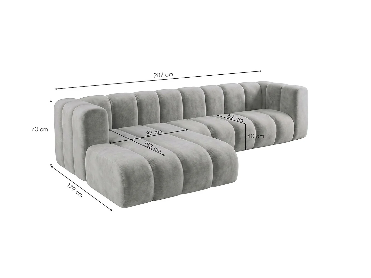 Canapé d’angle modulable en L, tissu velours Riviera, Gris, gauche, GRAND 287 cm