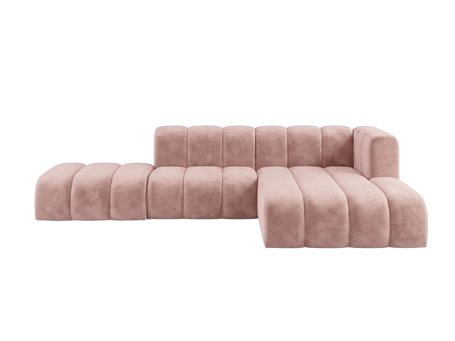 Canapé d’angle modulable en L avec pouf, tissu velours Riviera, Rose clair, droite, GRAND Mini