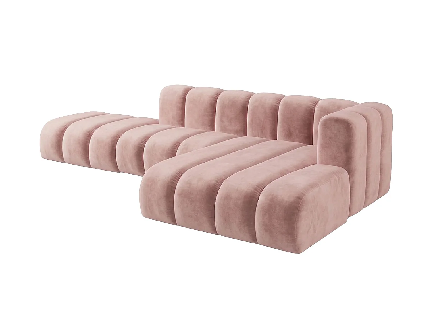 Canapé d’angle modulable en L avec pouf, tissu velours Riviera, Rose clair, droite, GRAND Mini
