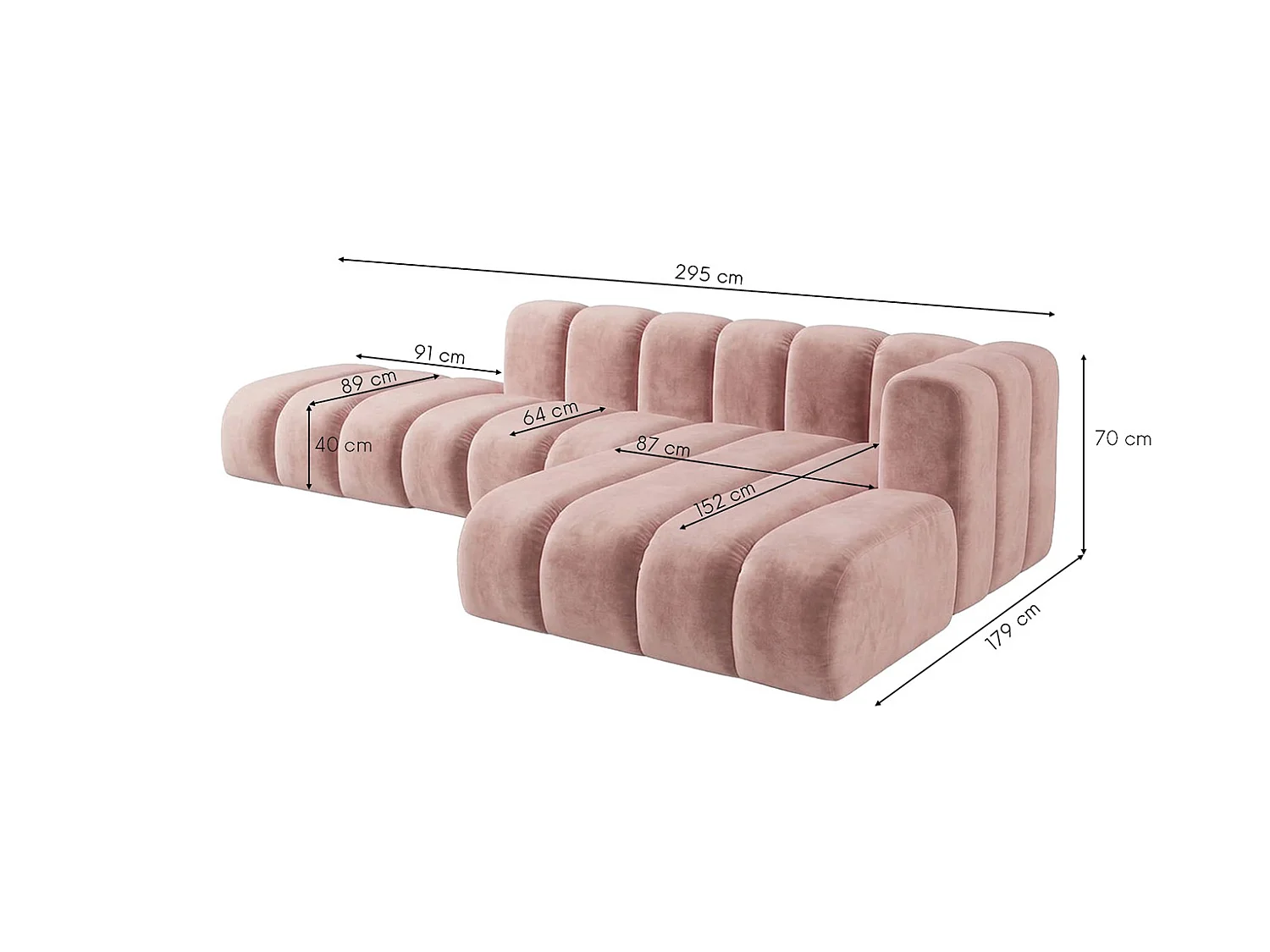 Canapé d’angle modulable en L avec pouf, tissu velours Riviera, Rose clair, droite, GRAND Mini