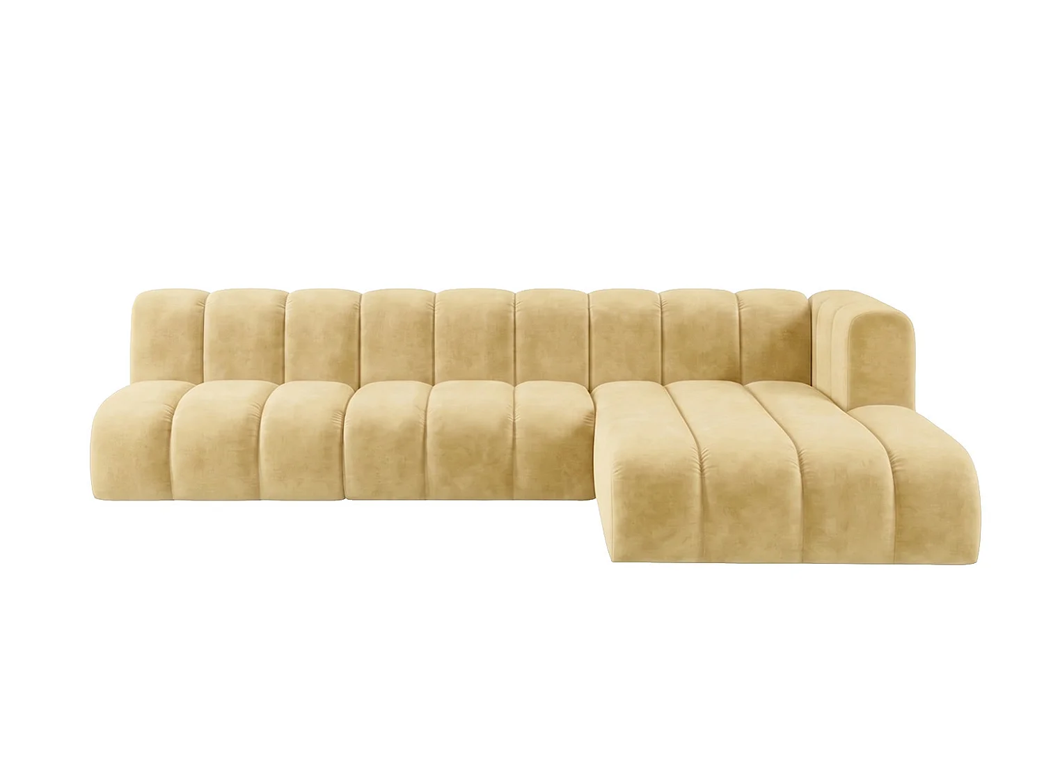 Canapé d’angle modulable en L, tissu velours Riviera, Beurre, droite, GRAND 295 cm