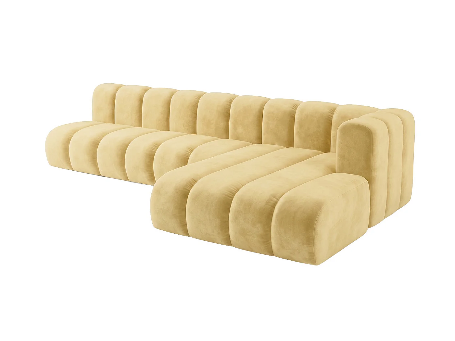 Canapé d’angle modulable en L, tissu velours Riviera, Beurre, droite, GRAND 295 cm