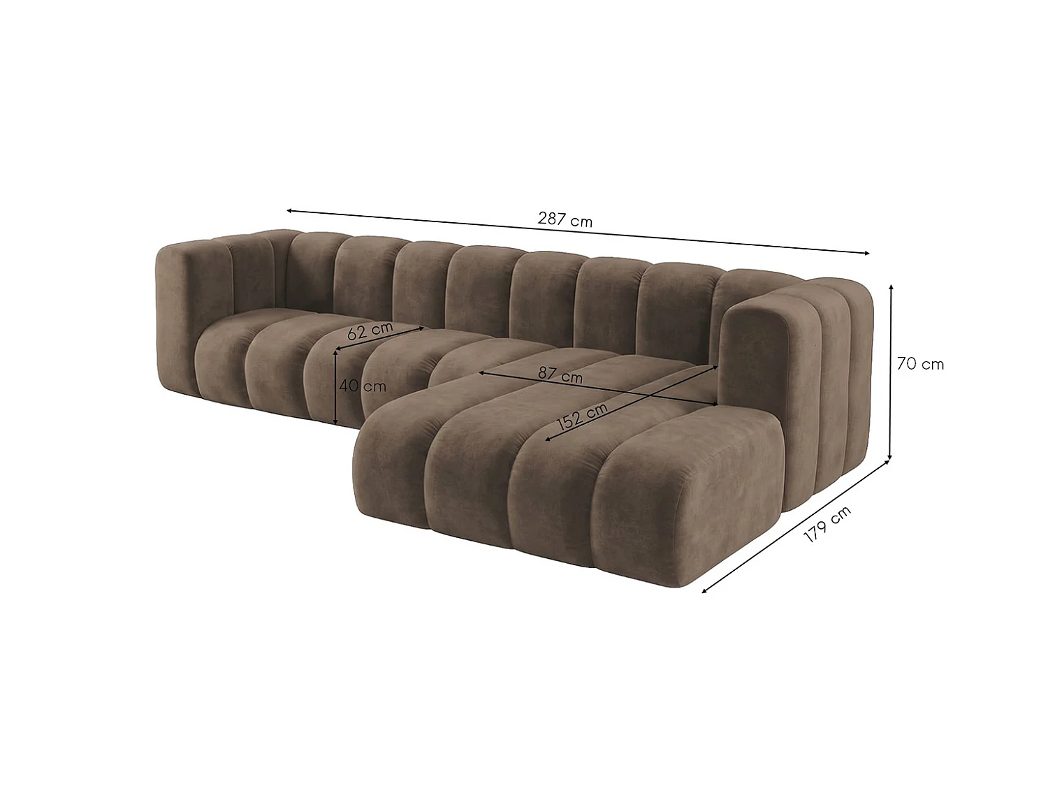 Modulares Ecksofa in L-Form, Velvet-Stoff Riviera, Braun, Rechts, GRAND 287 cm