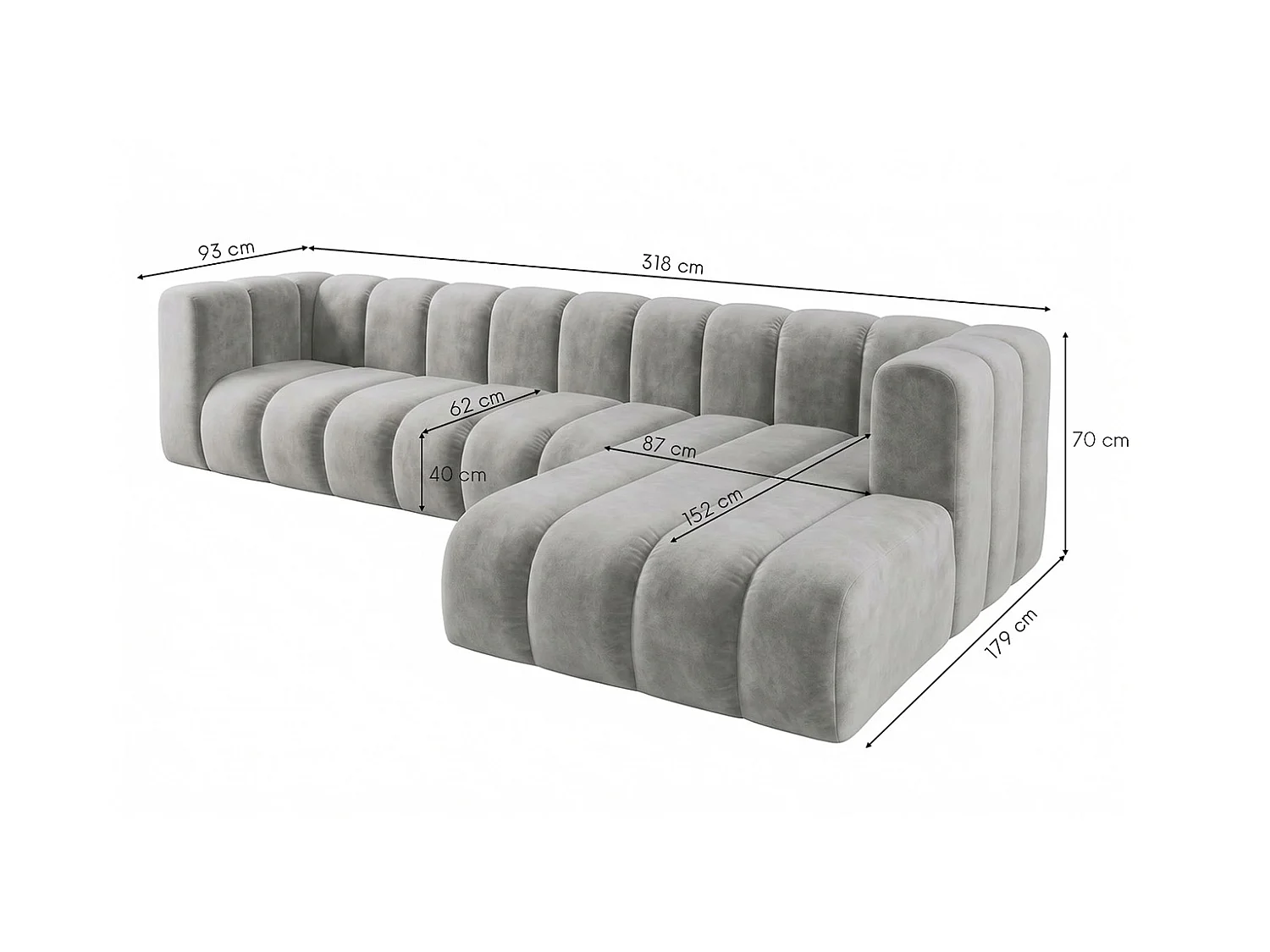 Canapé d’angle modulable en L, tissu velours Riviera, Gris, droite, GRAND 318 cm