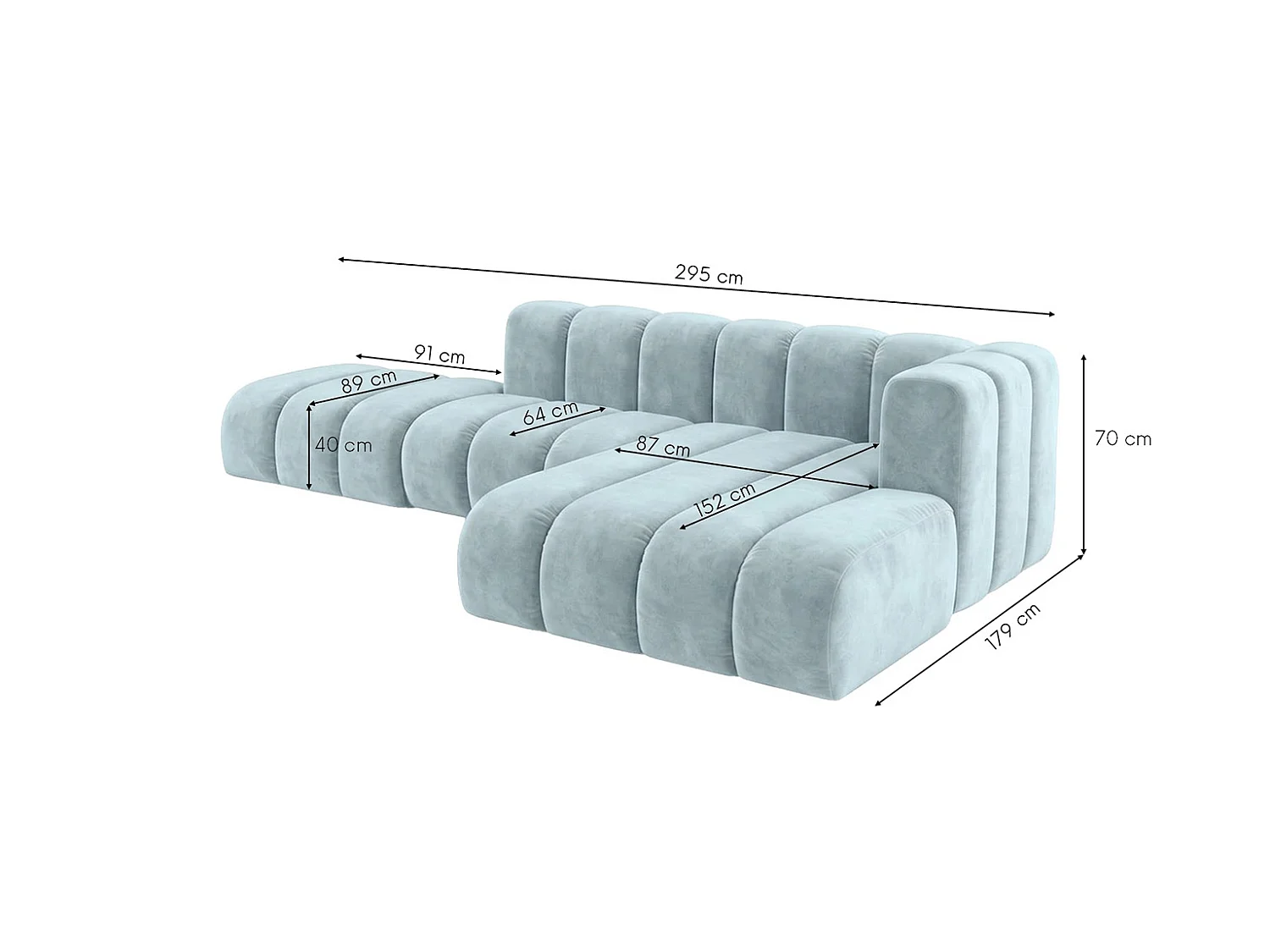 Narożnik modułowy w kształcie L z pufą, tkanina welwet Riviera, Baby blue, Prawy, GRAND Mini