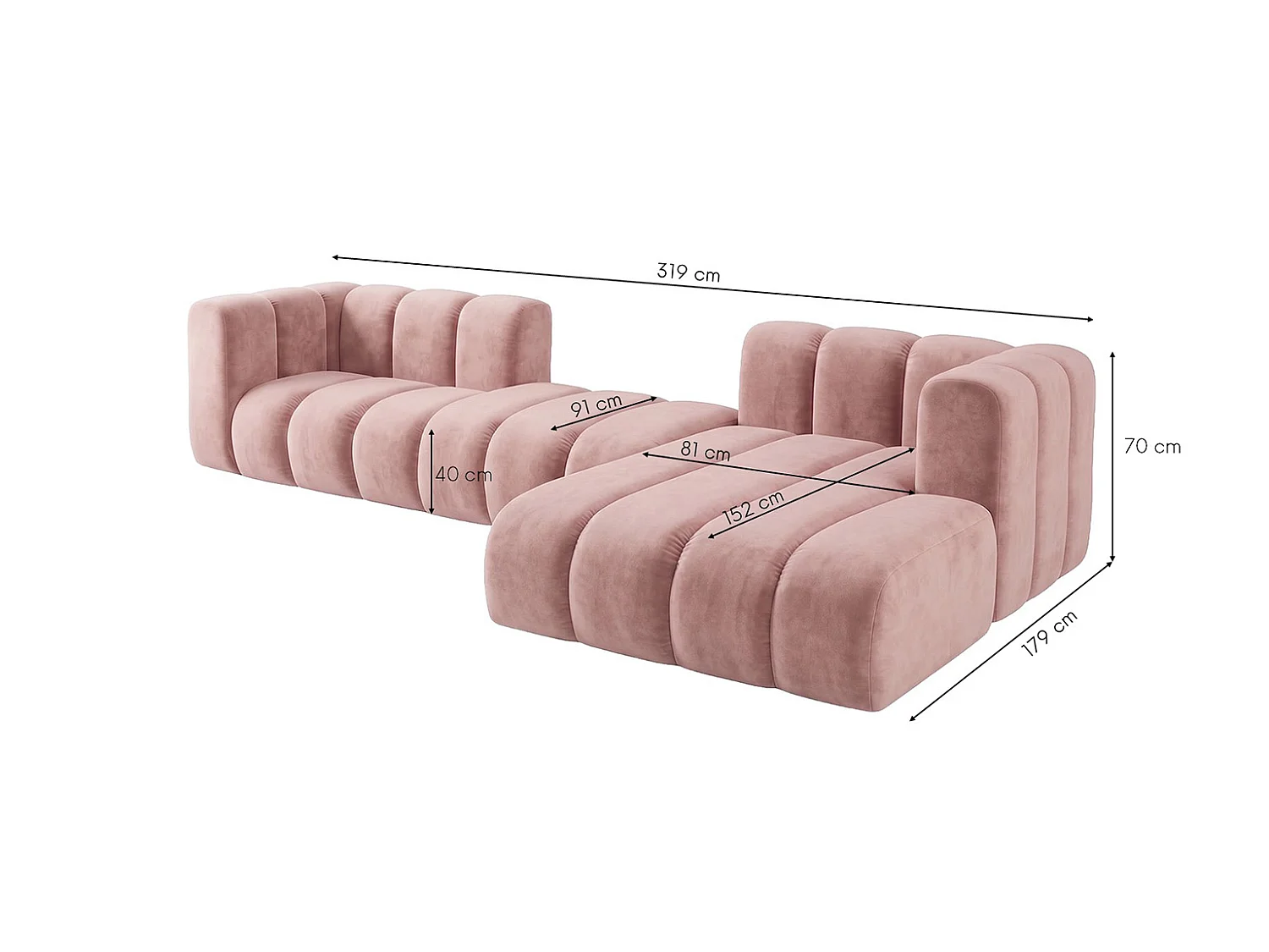 Narożnik modułowy w kształcie L, tkanina welwet Riviera, Jasnoróżowy, Prawy, GRAND 319 cm