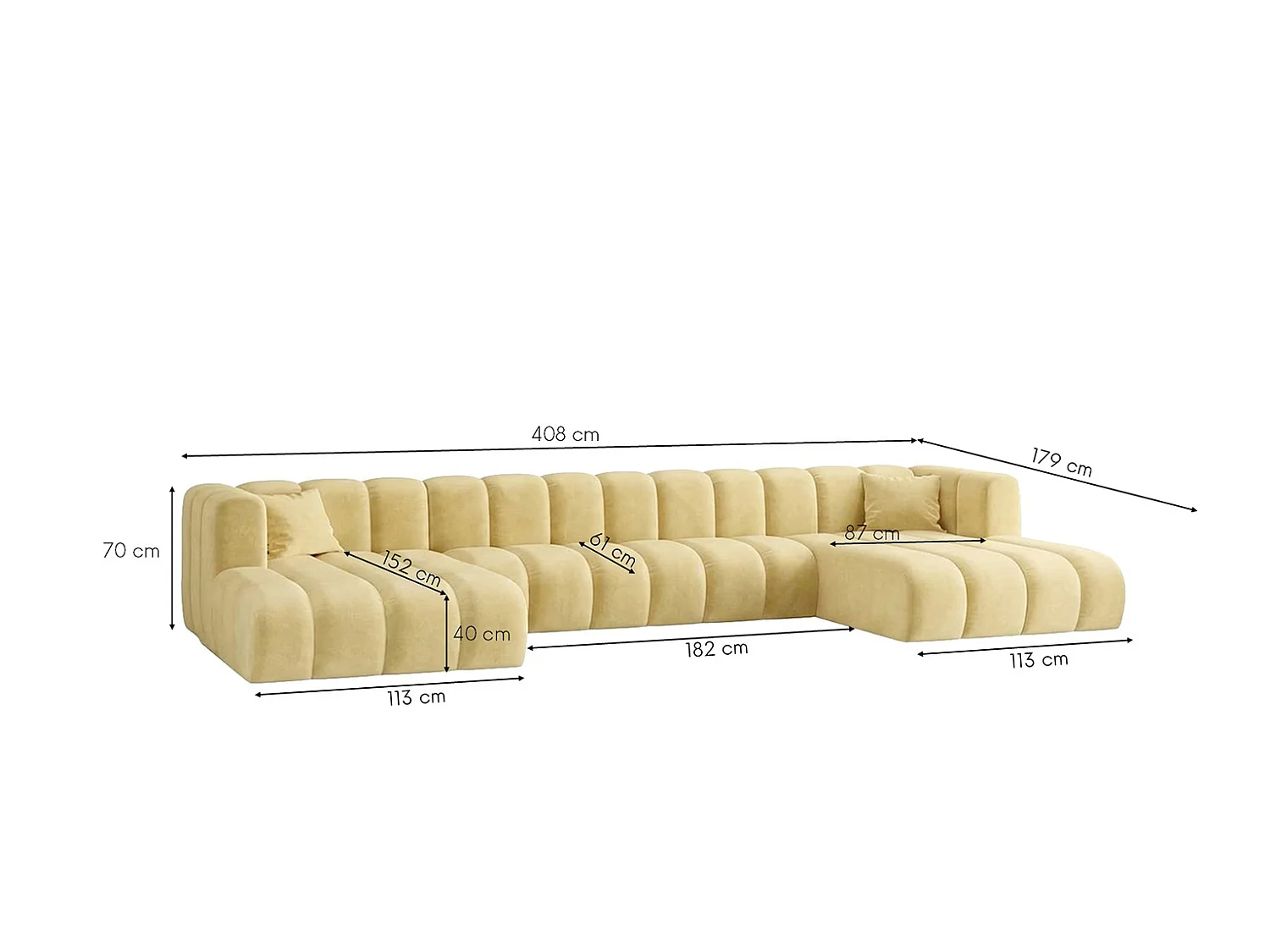 Canapé d’angle modulable en U, tissu velours Riviera, Beurre, GRAND U XL