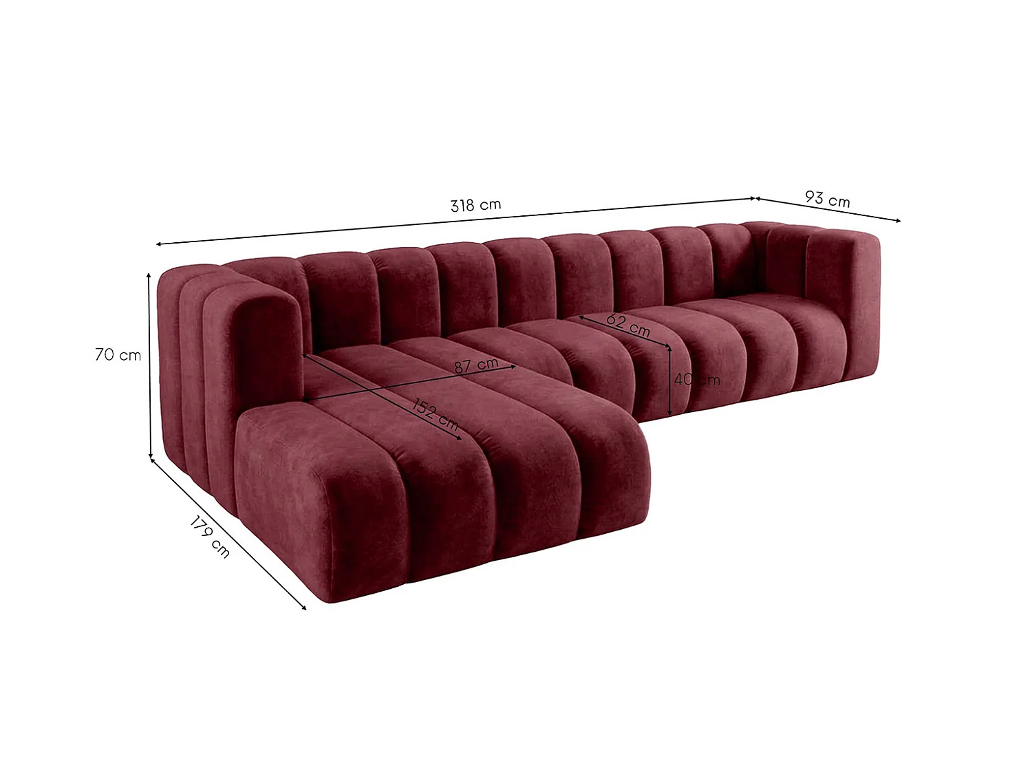 Canapé d’angle modulable en L, tissu velours Riviera, Bordeaux, gauche, GRAND 318 cm