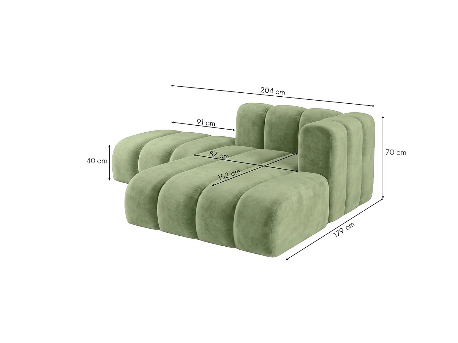 Méridienne modulable avec pouf, tissu velours Riviera, Olive, droite, GRAND