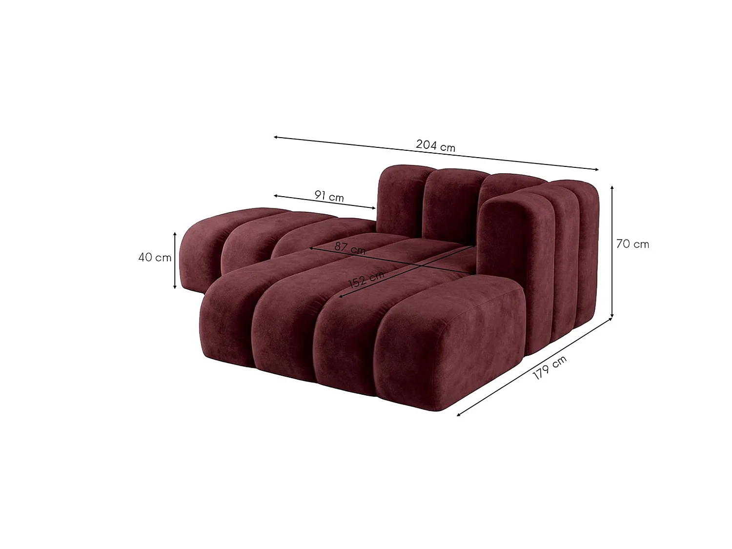 Méridienne modulable avec pouf, tissu velours Riviera, Bordeaux, droite, GRAND