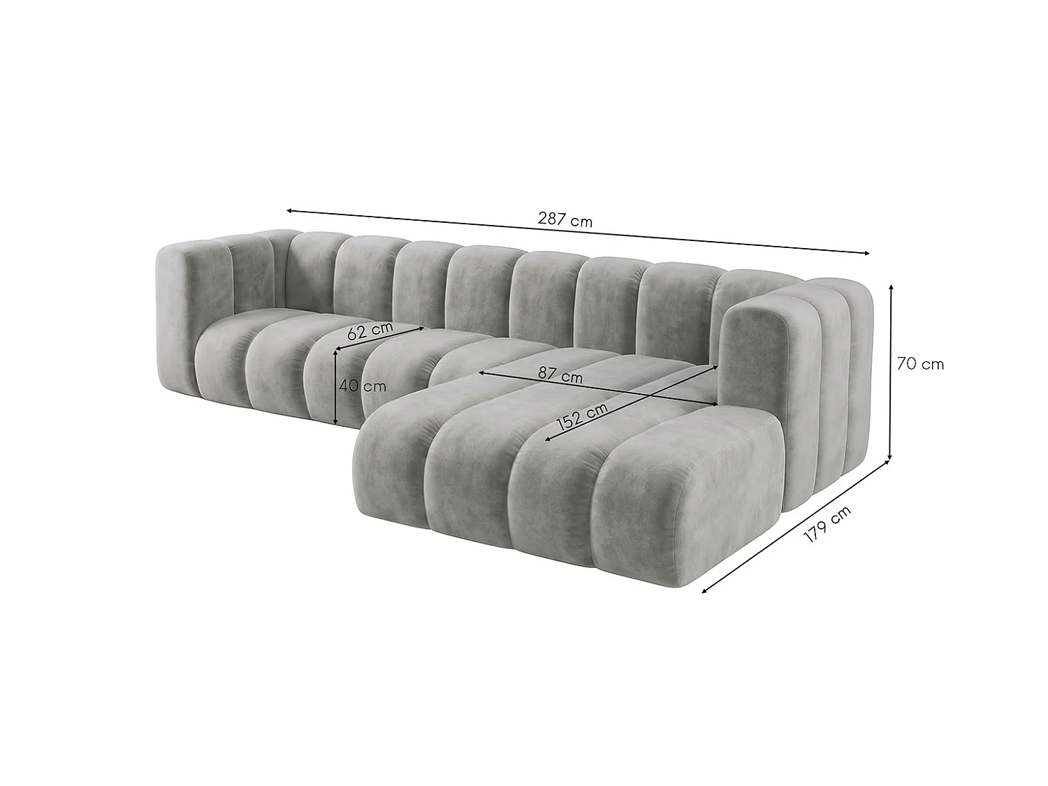 Canapé d’angle modulable en L, tissu velours Riviera, Gris, droite, GRAND 287 cm