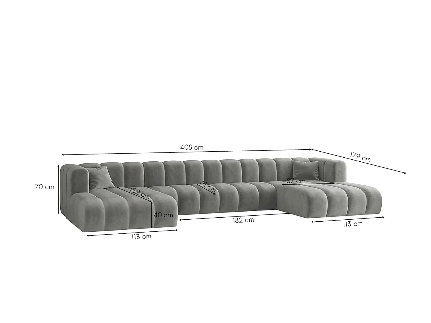Narożnik modułowy w kształcie U, tkanina welwet Riviera, Szary, GRAND U XL
