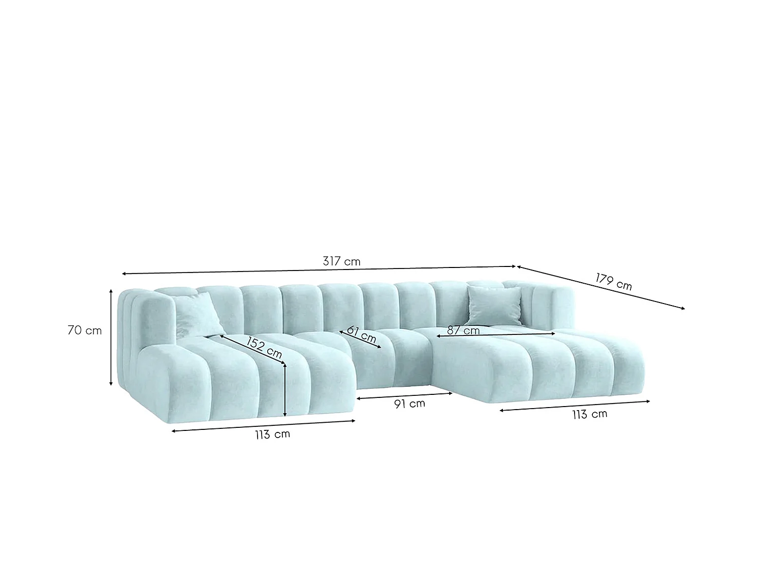 Narożnik modułowy w kształcie U, tkanina welwet Riviera, Baby blue, GRAND U