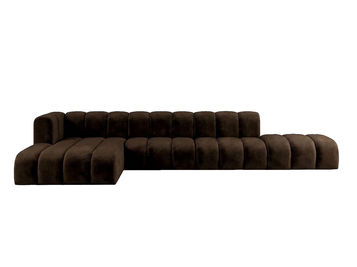 Modulares Ecksofa in L-Form mit Hocker, Velvet-Stoff Riviera, Schokolade, Links, GRAND
