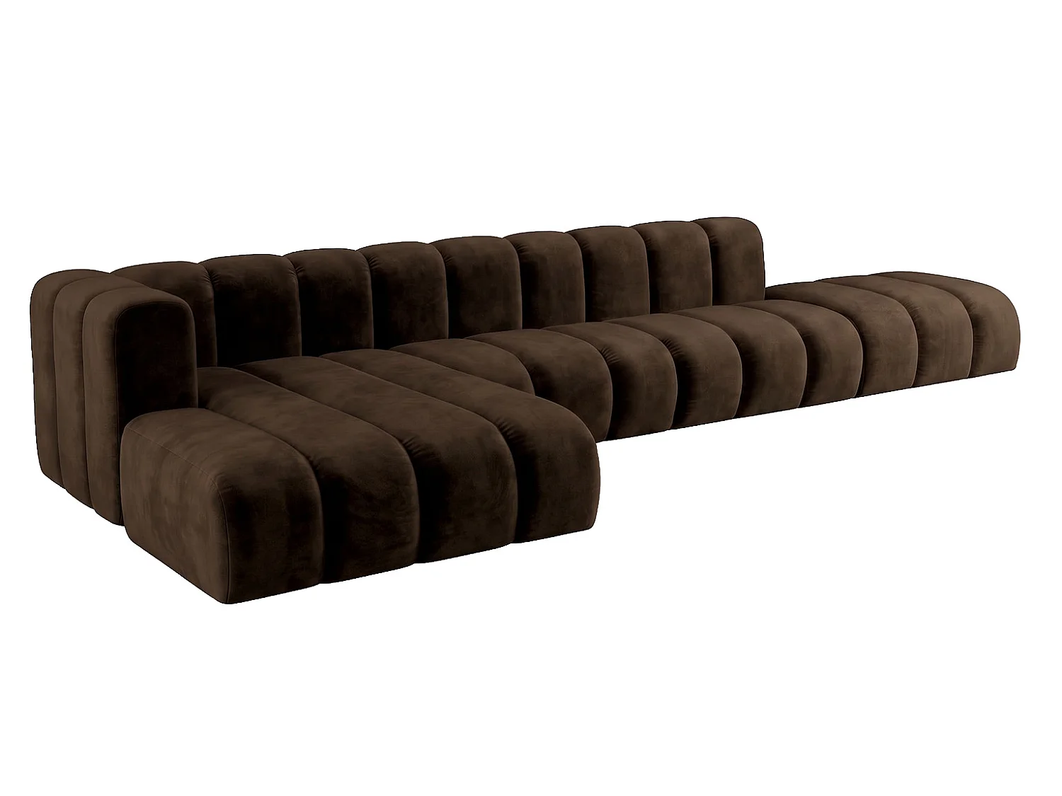 Modulares Ecksofa in L-Form mit Hocker, Velvet-Stoff Riviera, Schokolade, Links, GRAND