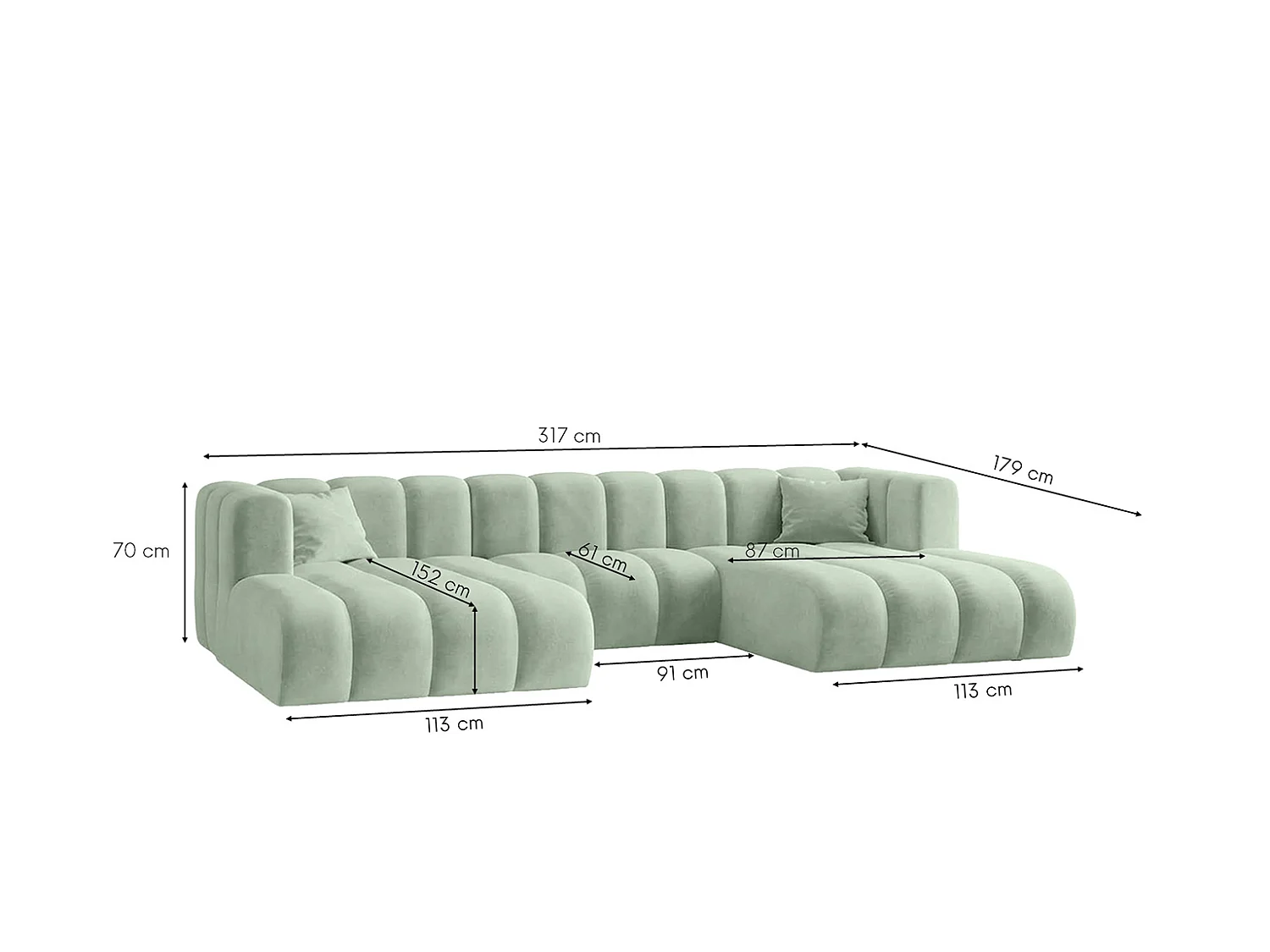 Modulaire hoekbank in U-vorm, fluwelen stof Riviera, Mintgroen, GRAND U