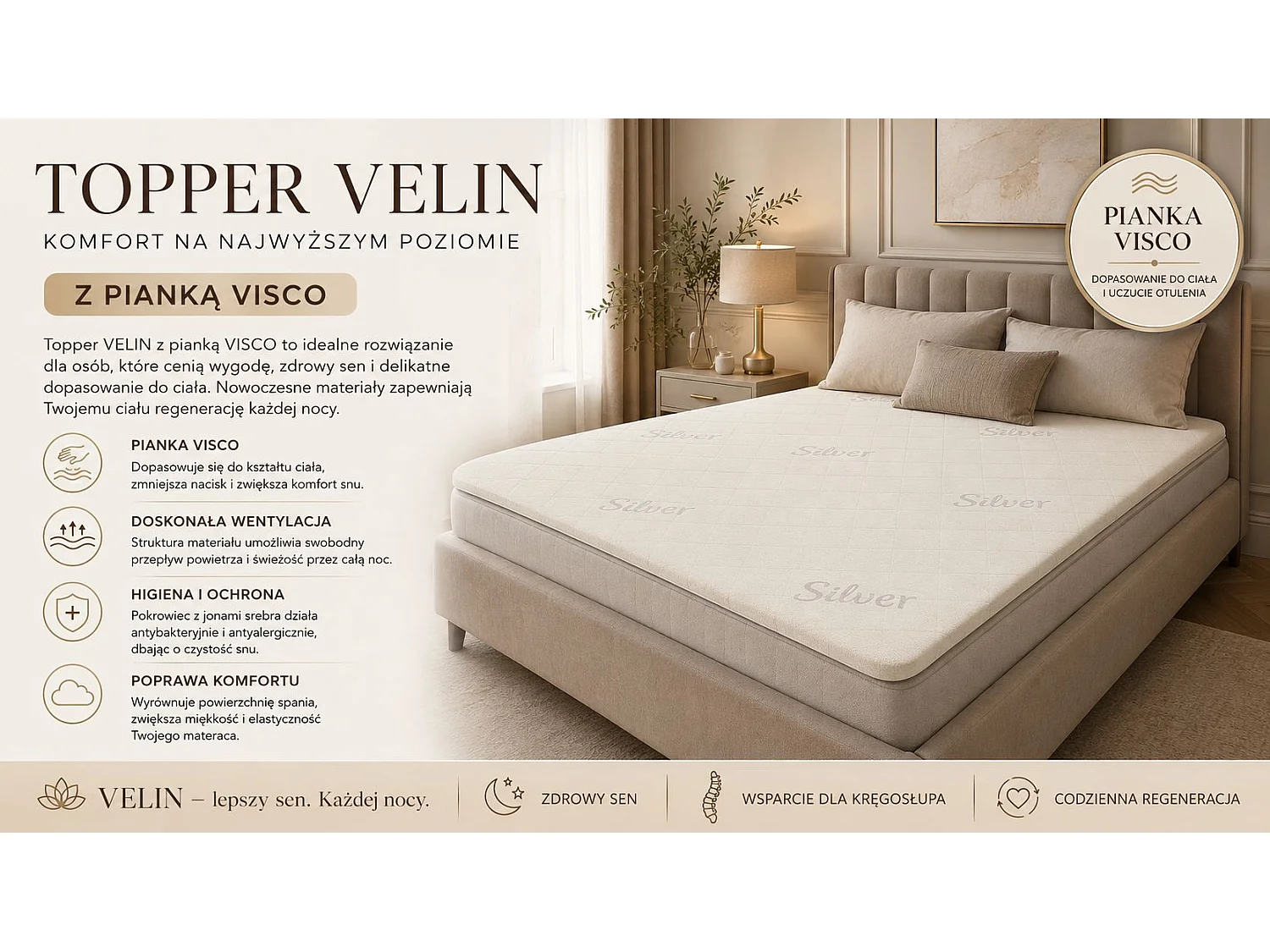 Topper nawierzchniowy 4 cm, z pianki termoelastycznej VISCO, 90x200 cm, VELIN