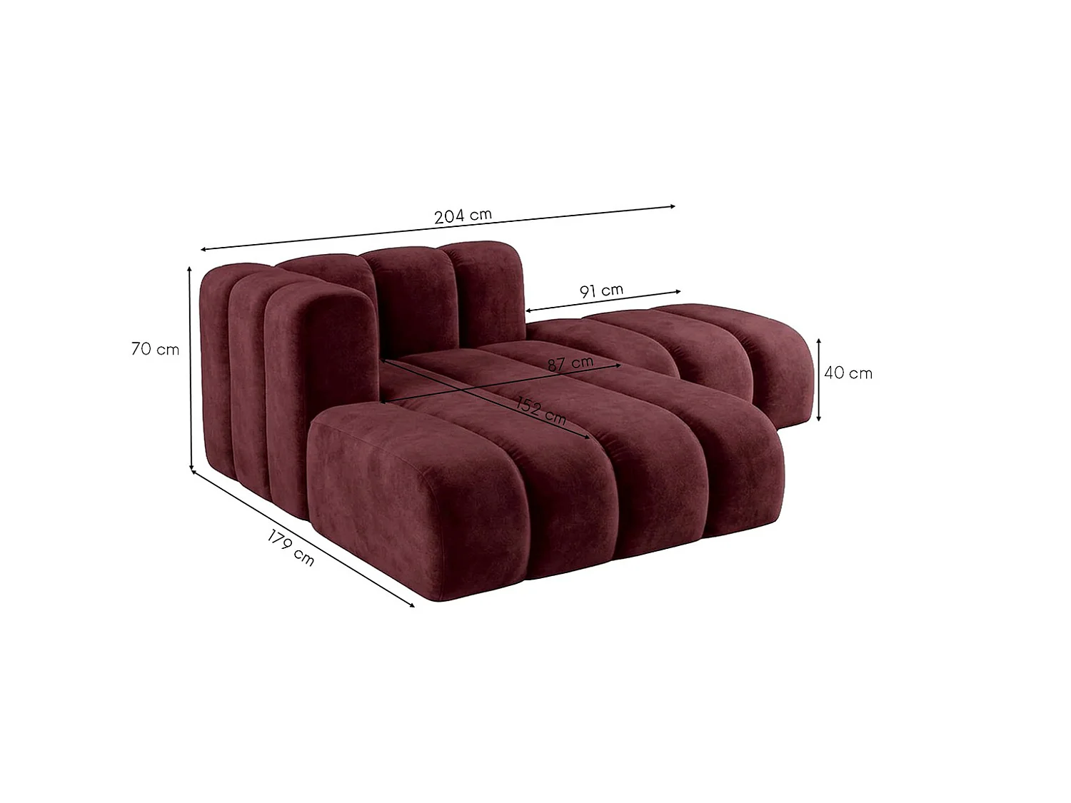 Méridienne modulable avec pouf, tissu velours Riviera, Bordeaux, gauche, GRAND