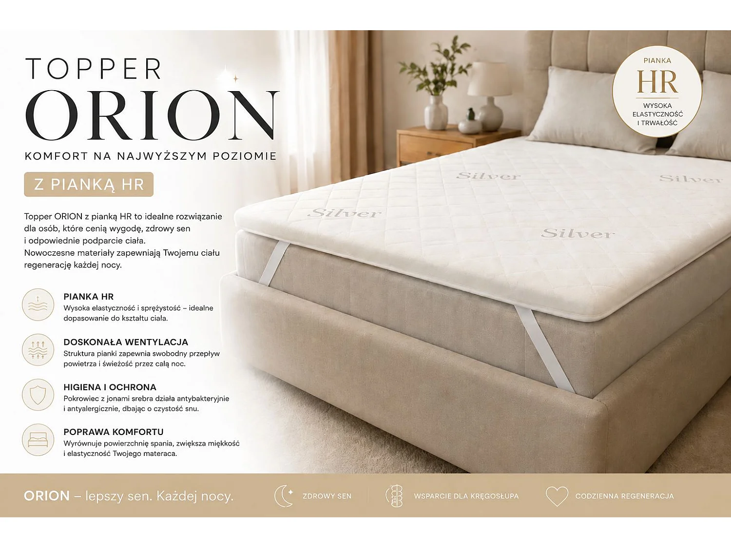 Surmatelas en mousse haute résilience HR, 4 cm, 200x200 cm, ORION