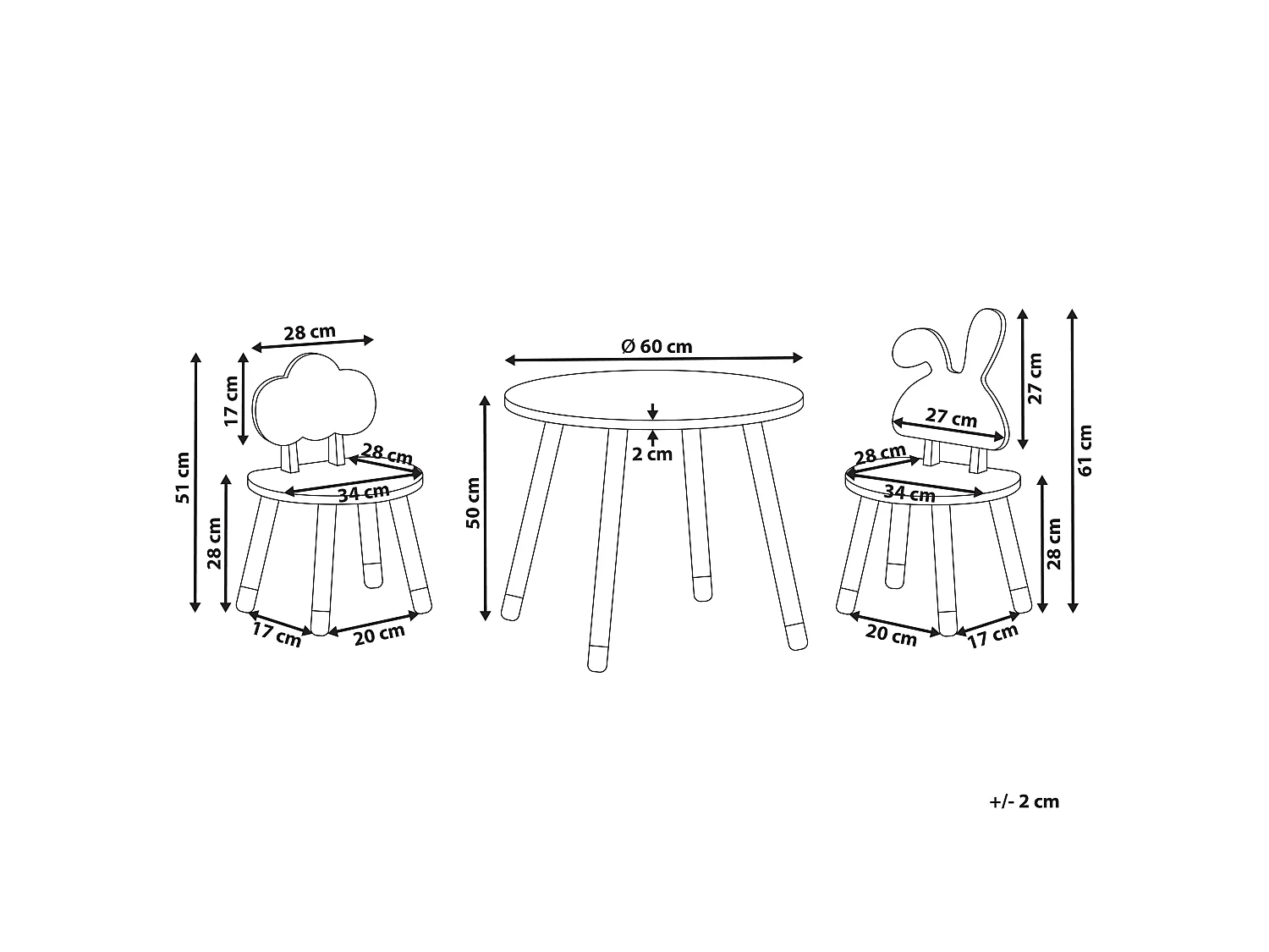 Kindertafel met stoelen lichthout/wit ROBIN