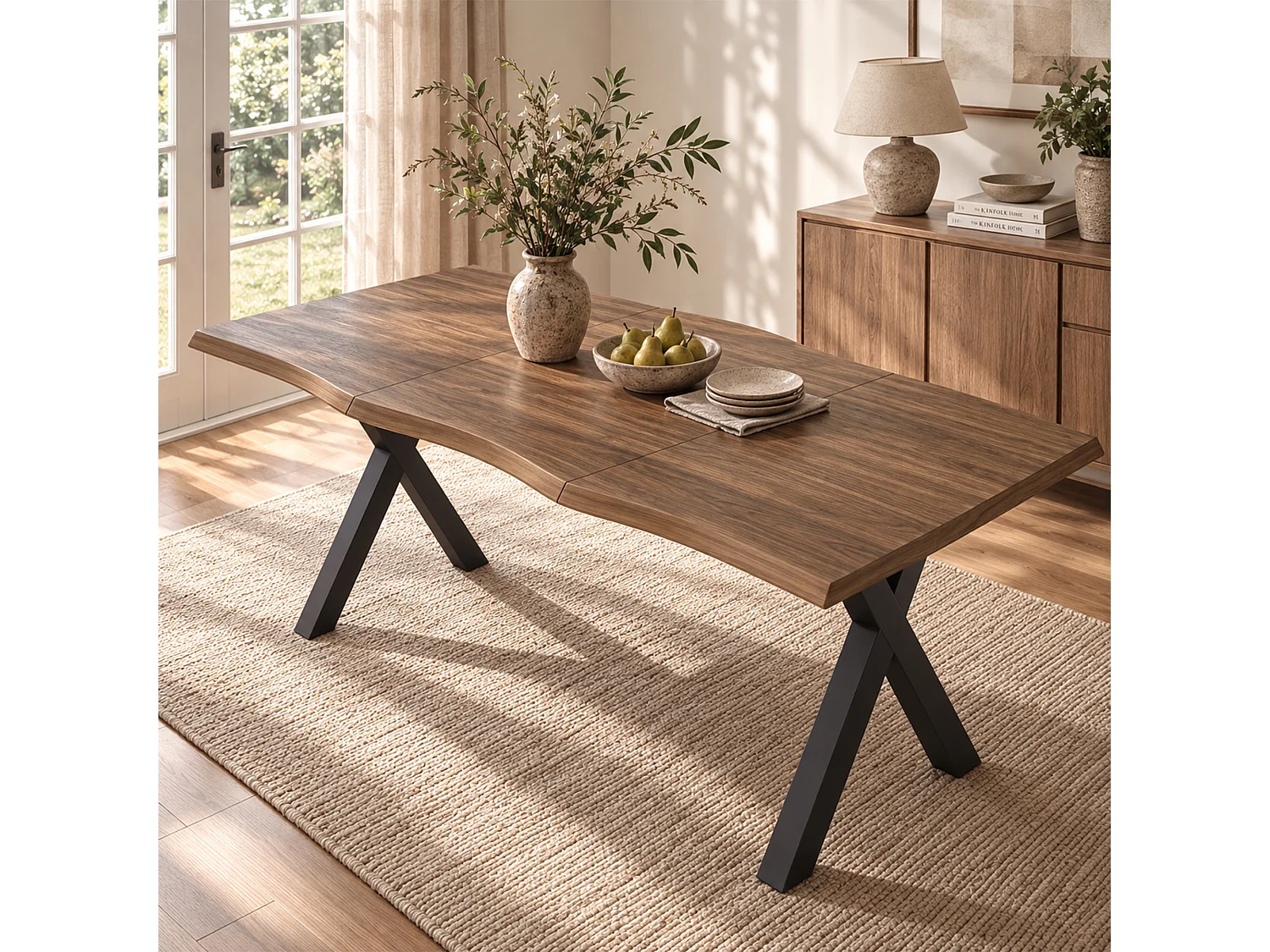 Parrot Uncle Table à manger , plateau aspect noyer 160×78×75cm, bord ondulé, pieds en fer en forme de X, style minimaliste pour 4 à 6 personnes