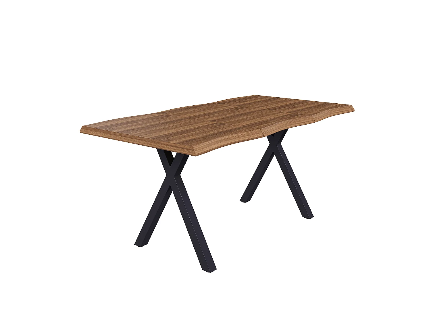 Parrot Uncle Table à manger , plateau aspect noyer 160×78×75cm, bord ondulé, pieds en fer en forme de X, style minimaliste pour 4 à 6 personnes
