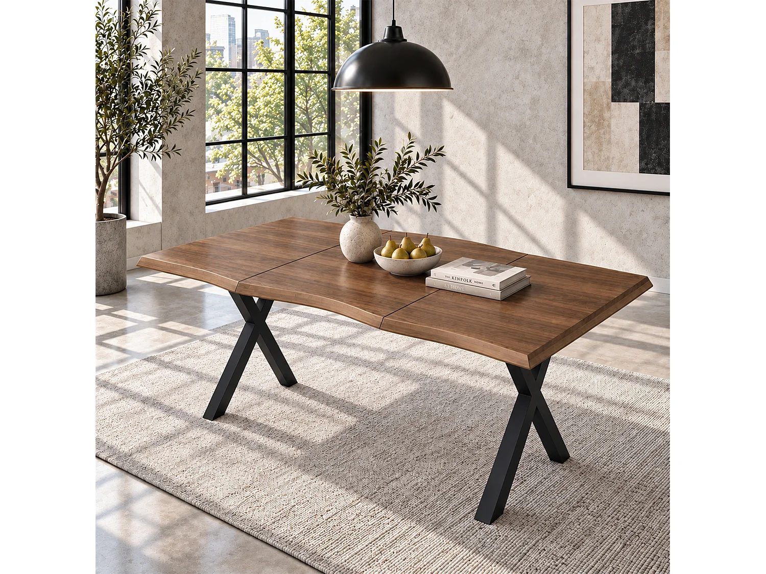 Parrot Uncle Table à manger , plateau aspect noyer 160×78×75cm, bord ondulé, pieds en fer en forme de X, style minimaliste pour 4 à 6 personnes