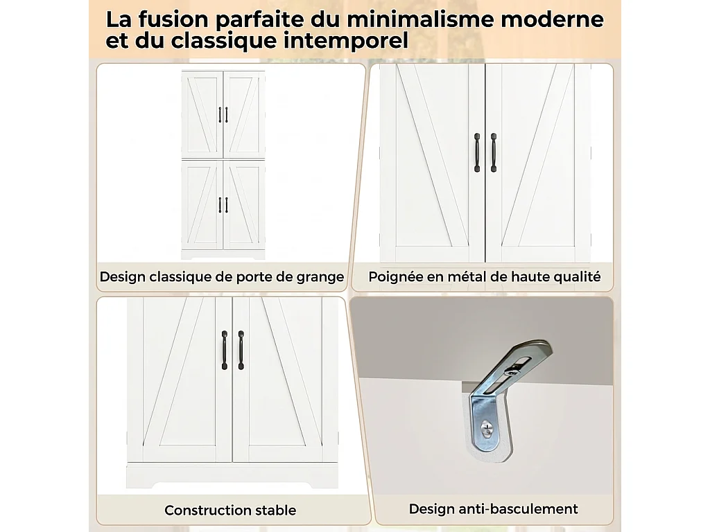 Parrot Uncle Armoire de rangement haute, 4 portes style porte de grange MDF, 80×40×178cm, blanc campagnard avec étagères à vin