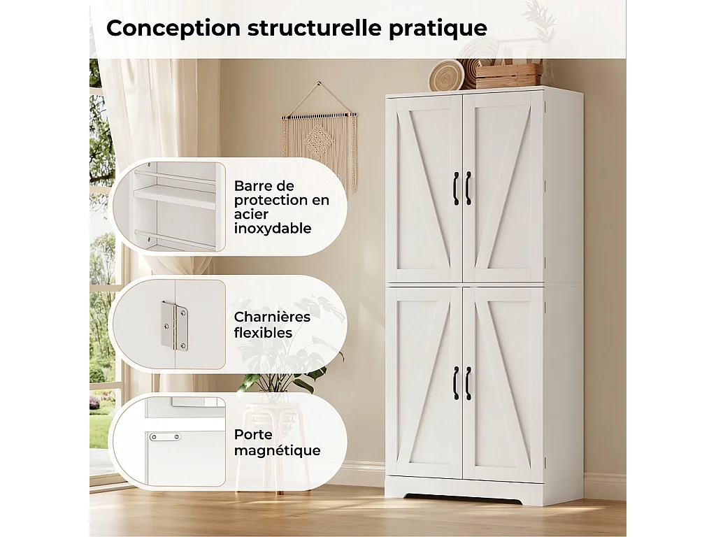 Parrot Uncle Armoire de rangement haute, 4 portes style porte de grange MDF, 80×40×178cm, blanc campagnard avec étagères à vin
