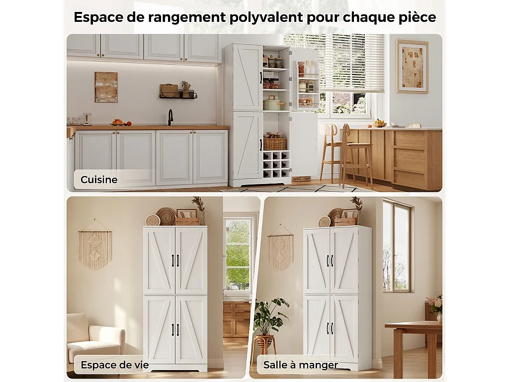 Parrot Uncle Armoire de rangement haute, 4 portes style porte de grange MDF, 80×40×178cm, blanc campagnard avec étagères à vin