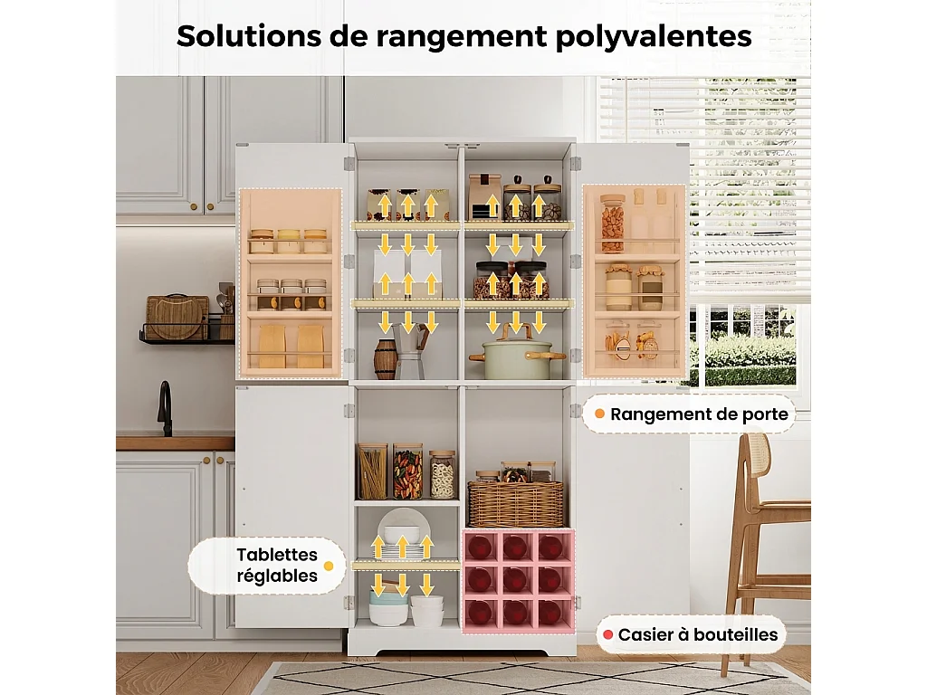 Parrot Uncle Armoire de rangement haute, 4 portes style porte de grange MDF, 80×40×178cm, blanc campagnard avec étagères à vin
