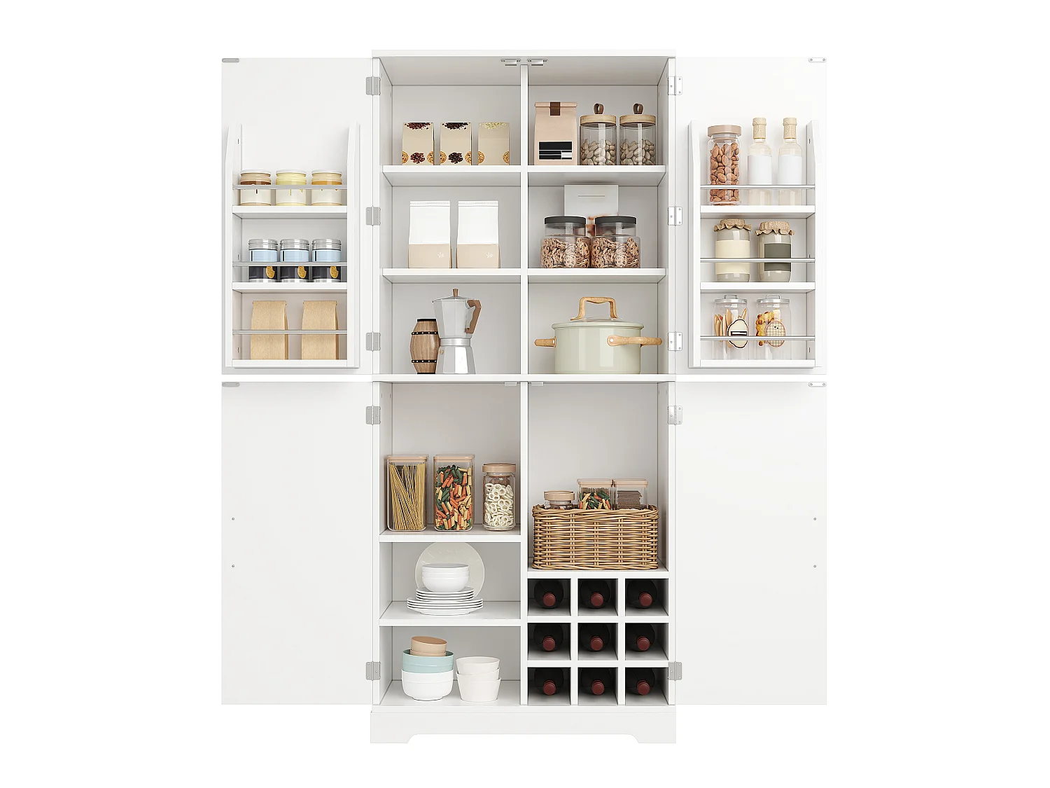 Parrot Uncle Armoire de rangement haute, 4 portes style porte de grange MDF, 80×40×178cm, blanc campagnard avec étagères à vin